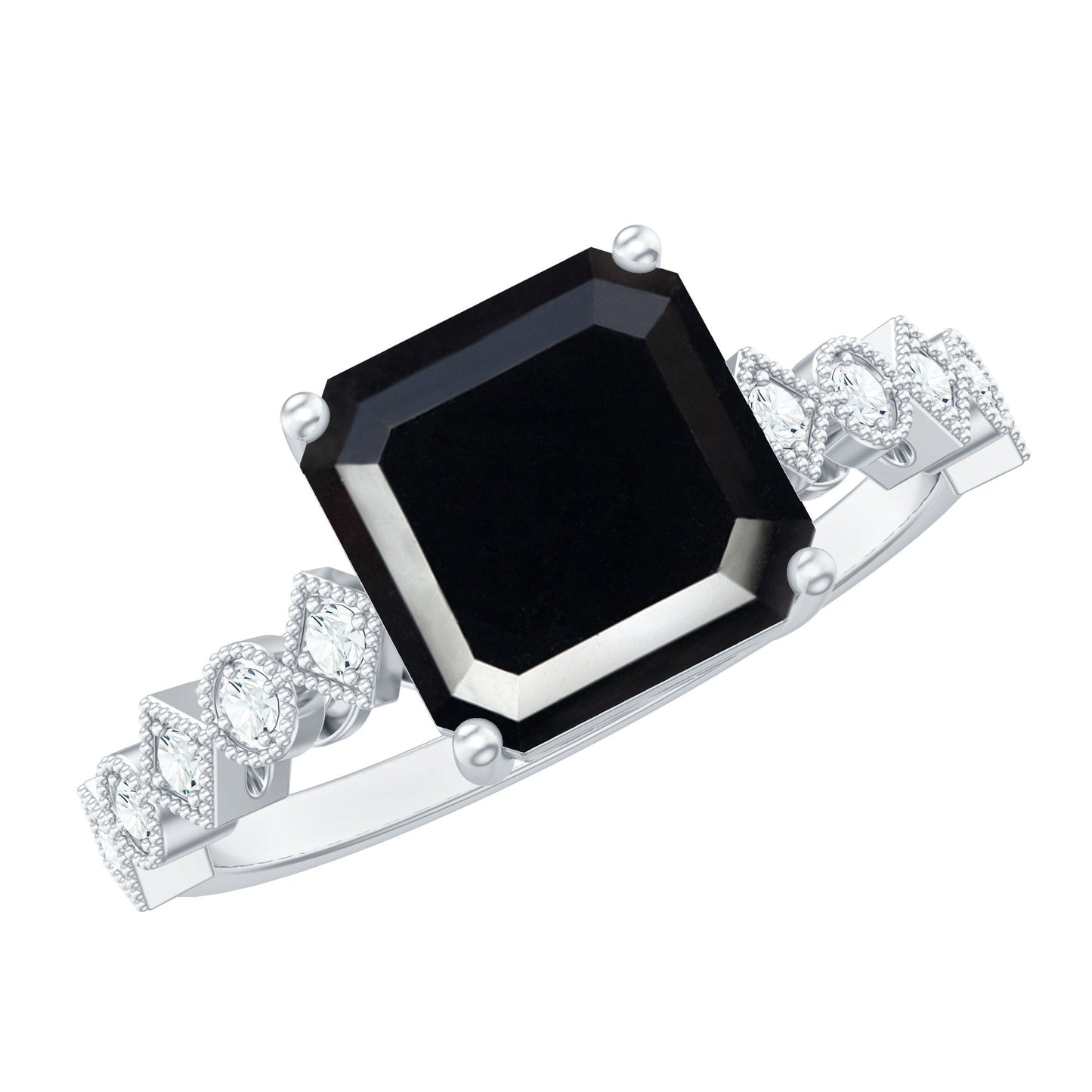 Genuine Black Onyx 3 Carat Asscher Cut Engagement Ring with Diamond