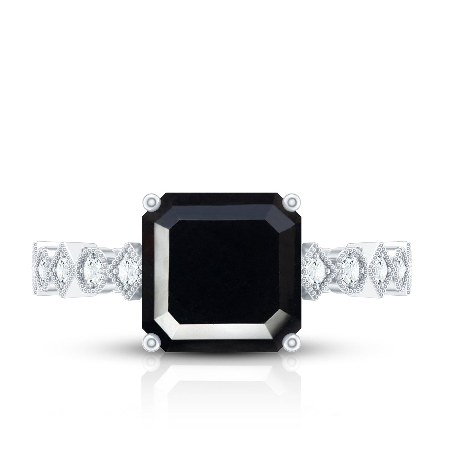 Genuine Black Onyx 3 Carat Asscher Cut Engagement Ring with Diamond