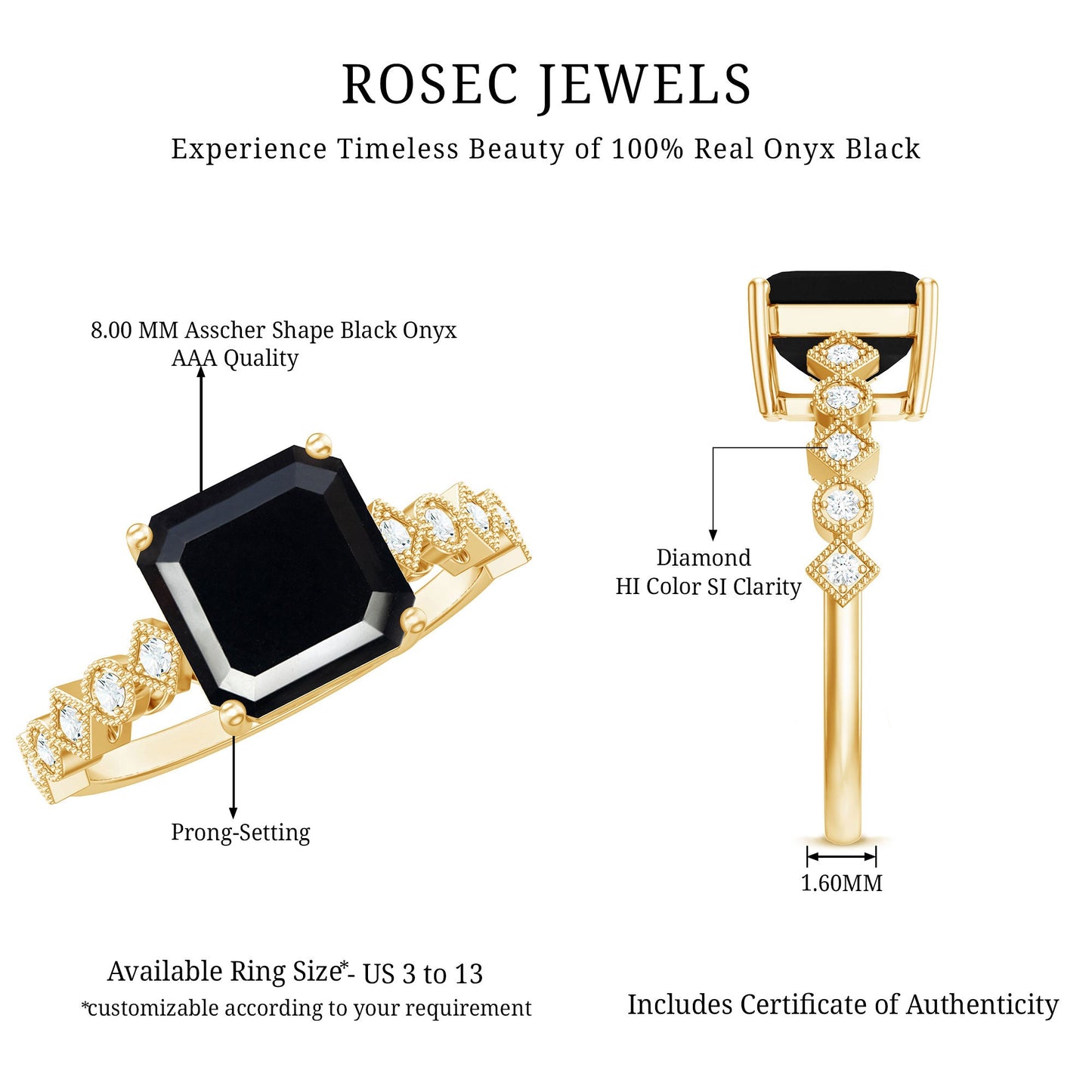 Genuine Black Onyx 3 Carat Asscher Cut Engagement Ring with Diamond