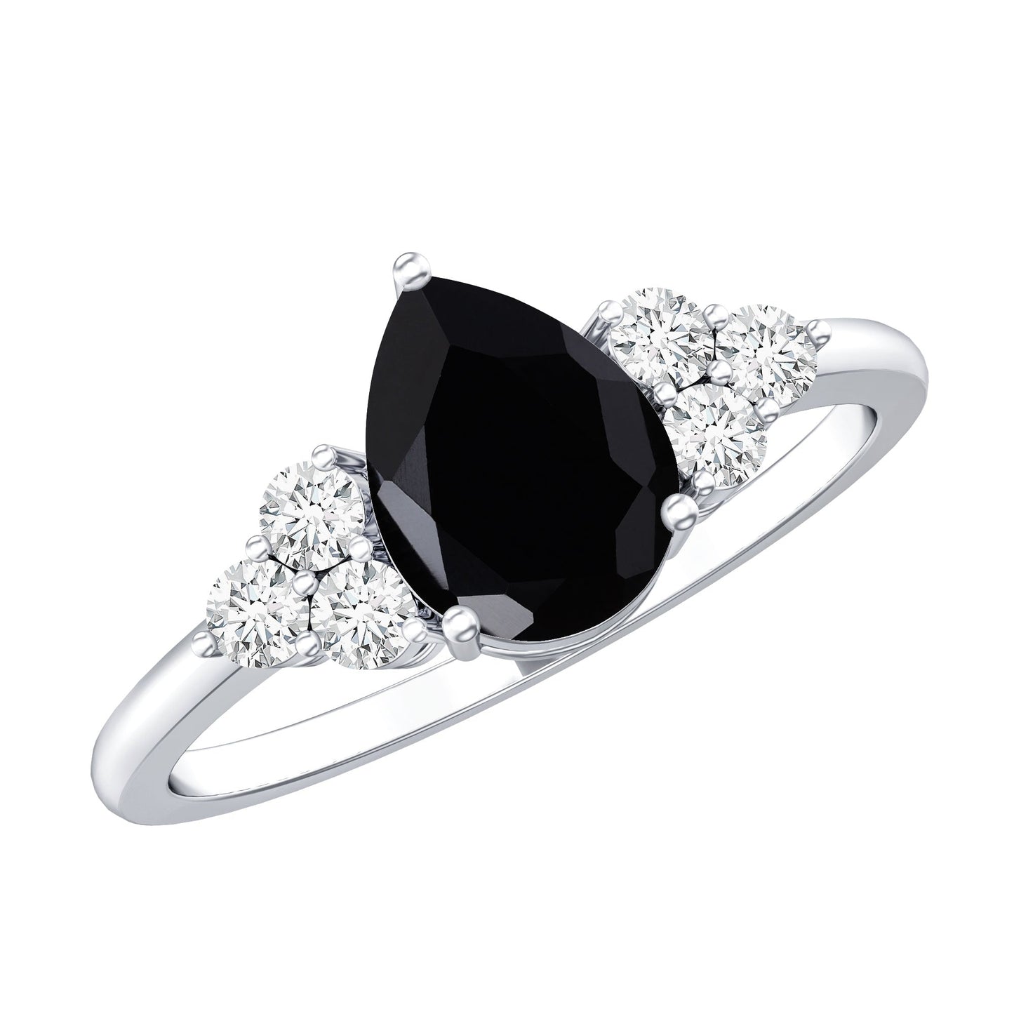 0.85 Carat Lab Grown Black Diamond Pear Shape Engagement Ring with White Diamond Trio