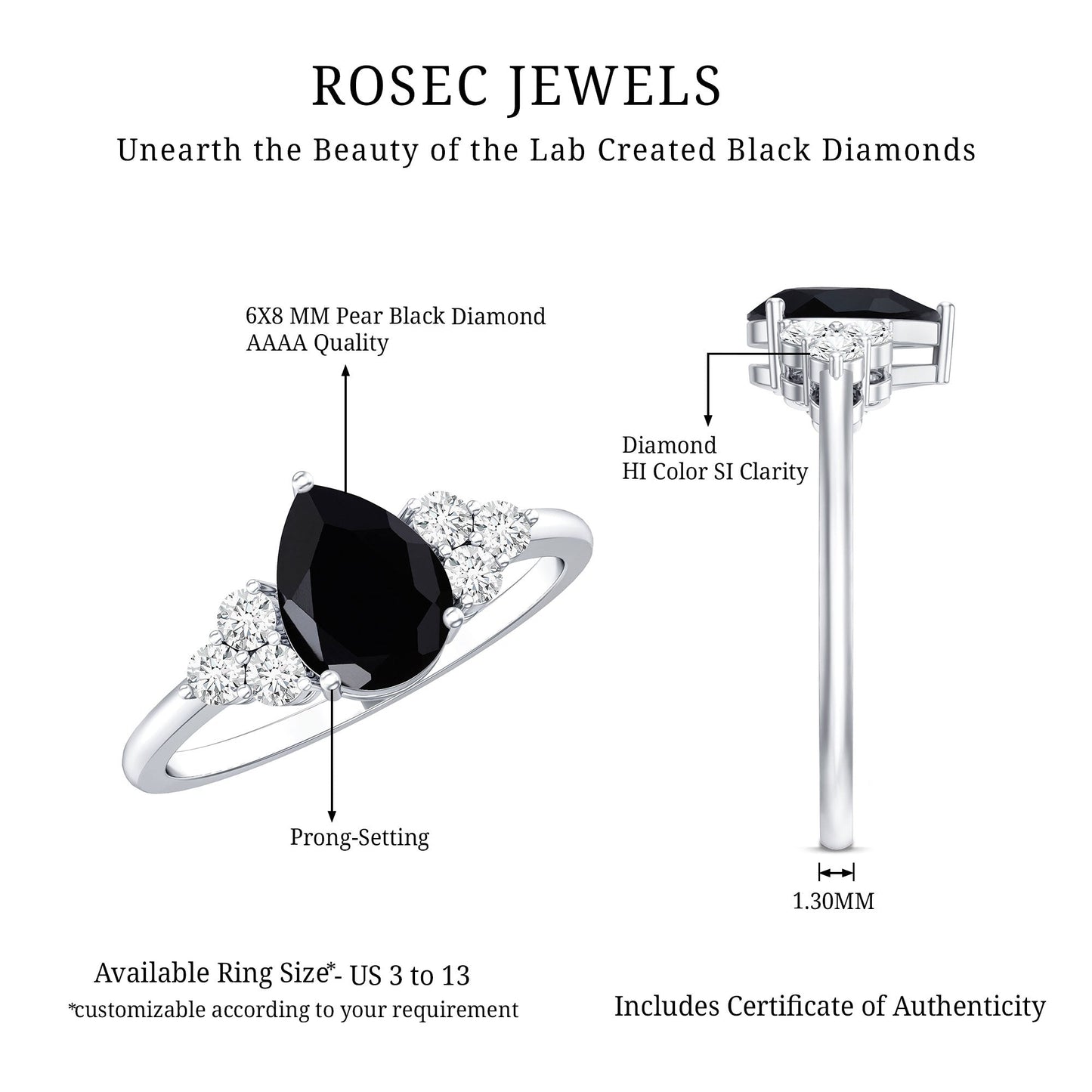 0.85 Carat Lab Grown Black Diamond Pear Shape Engagement Ring with White Diamond Trio