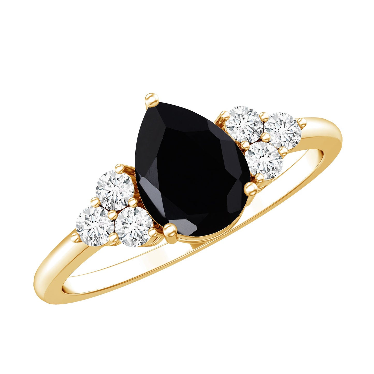 0.85 Carat Lab Grown Black Diamond Pear Shape Engagement Ring with White Diamond Trio