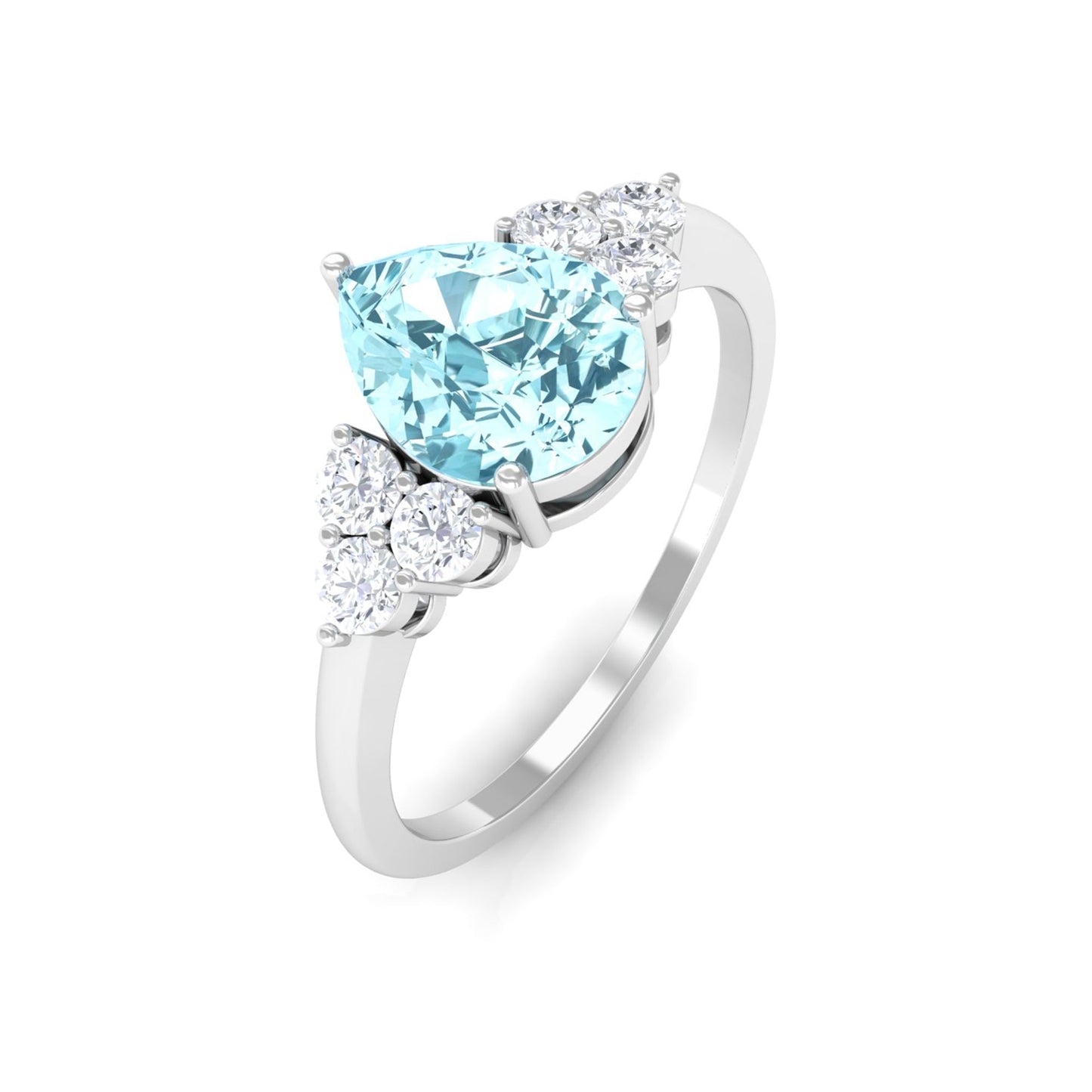 Genuine Aquamarine Teardrop Engagement Ring with Diamond Trio