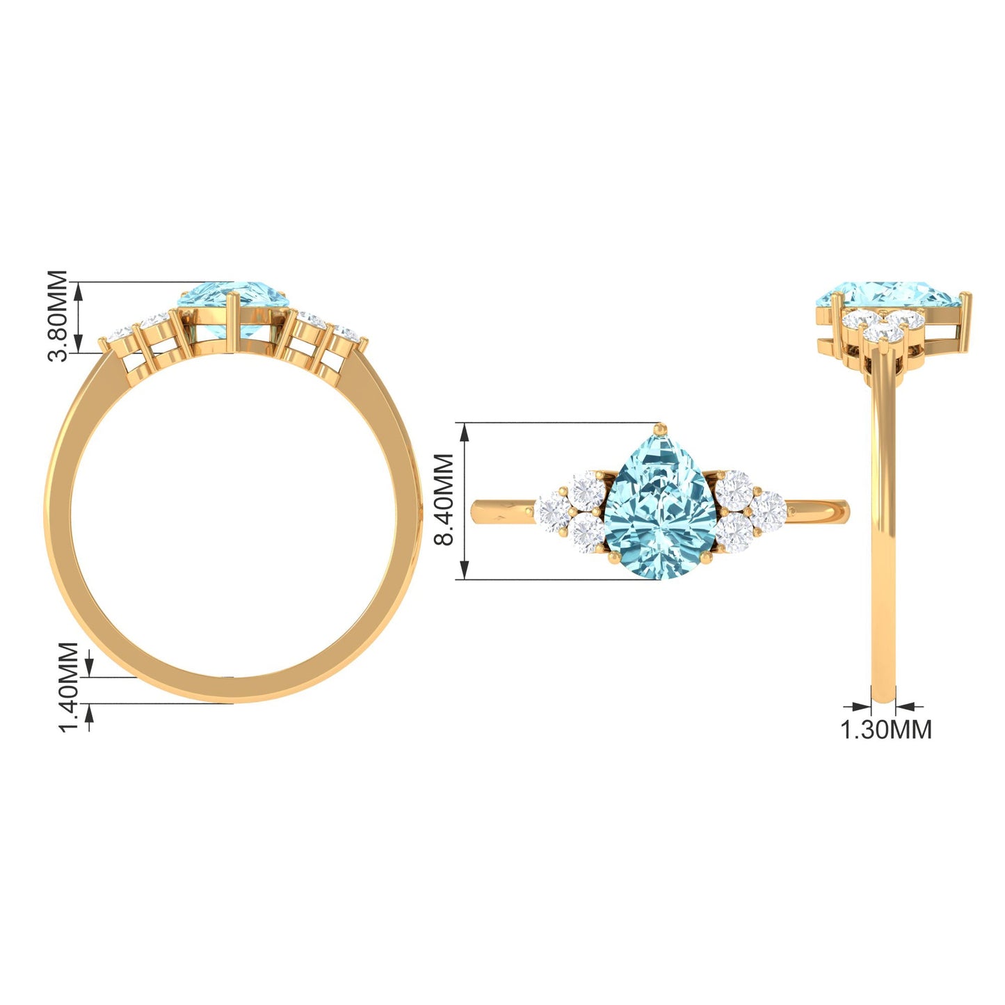 Genuine Aquamarine Teardrop Engagement Ring with Diamond Trio