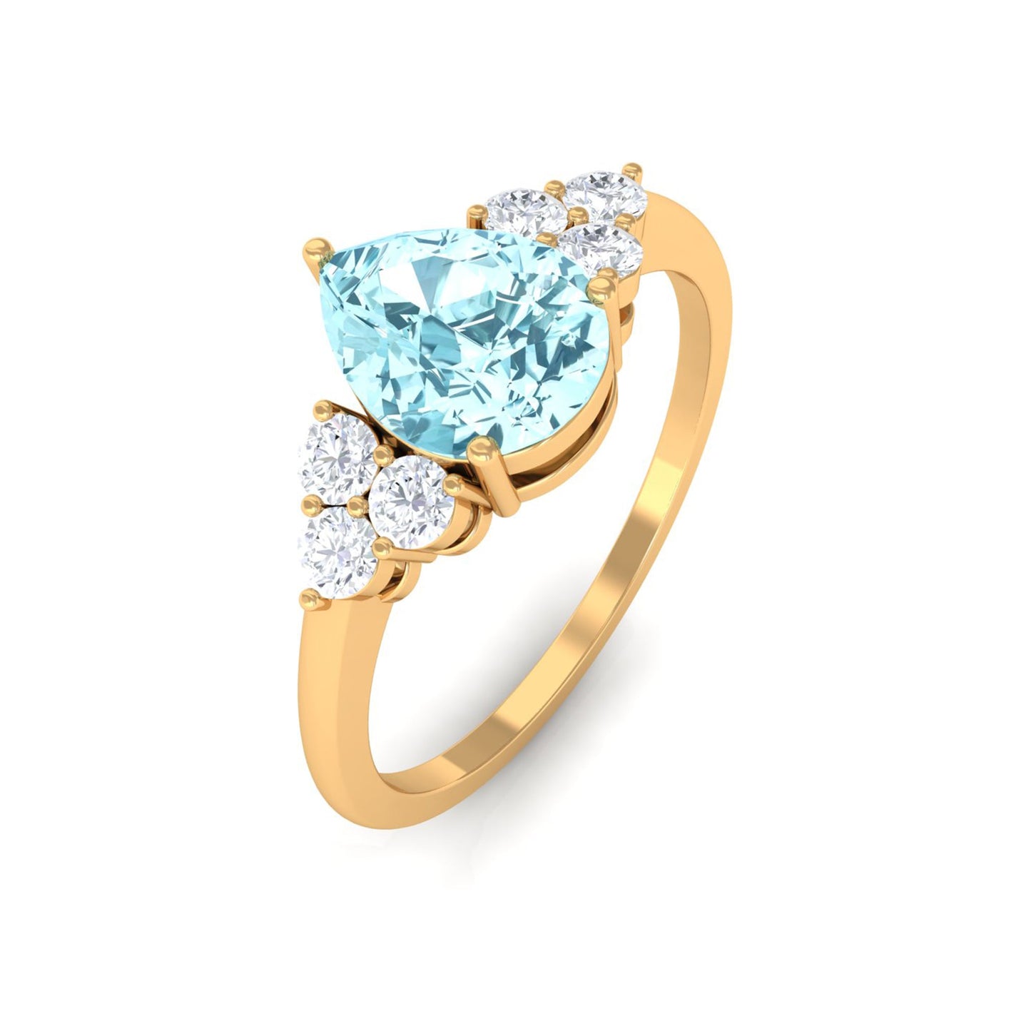 Genuine Aquamarine Teardrop Engagement Ring with Diamond Trio