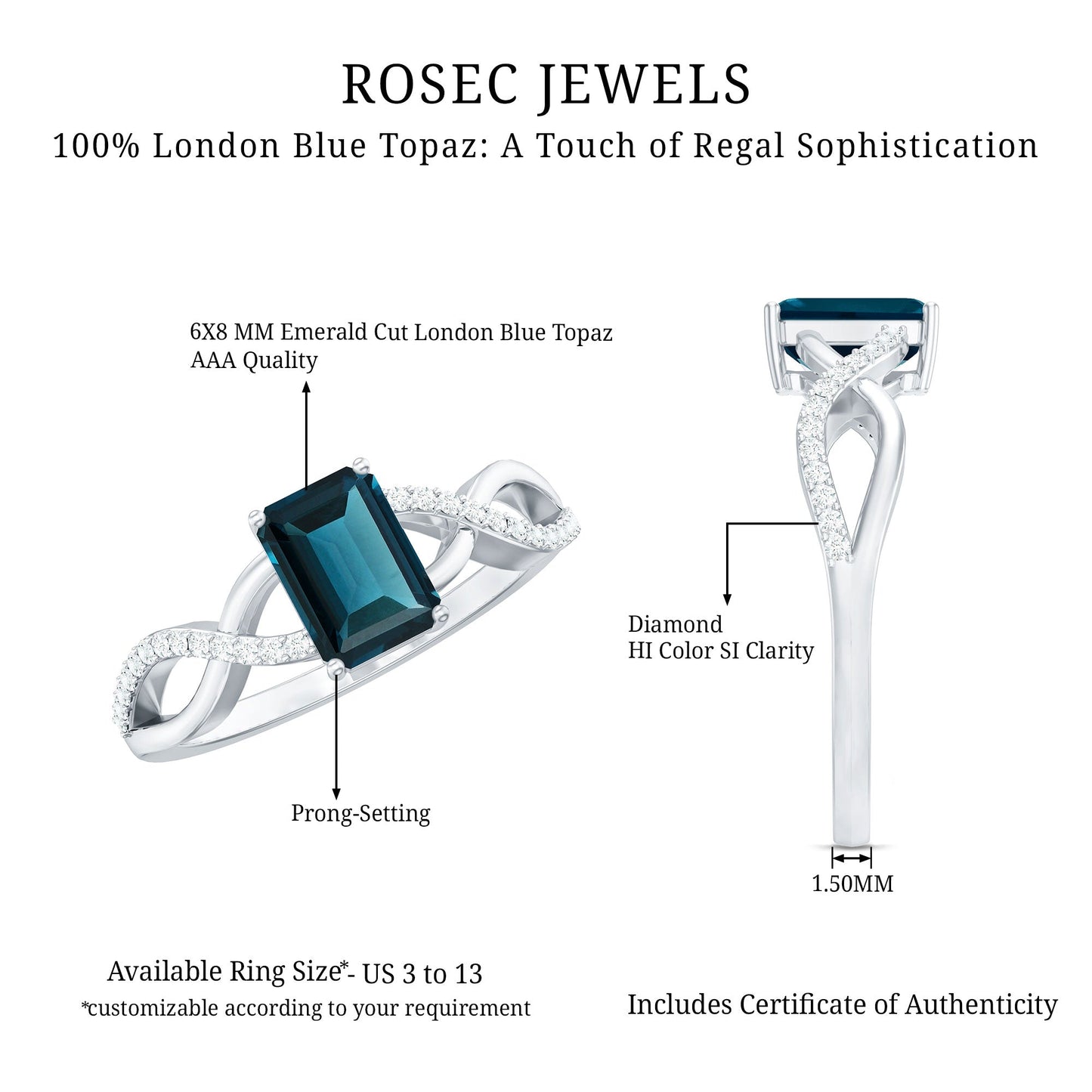 Solitaire Blue Topaz Emerald Cut Engagement Ring with Infinity Band