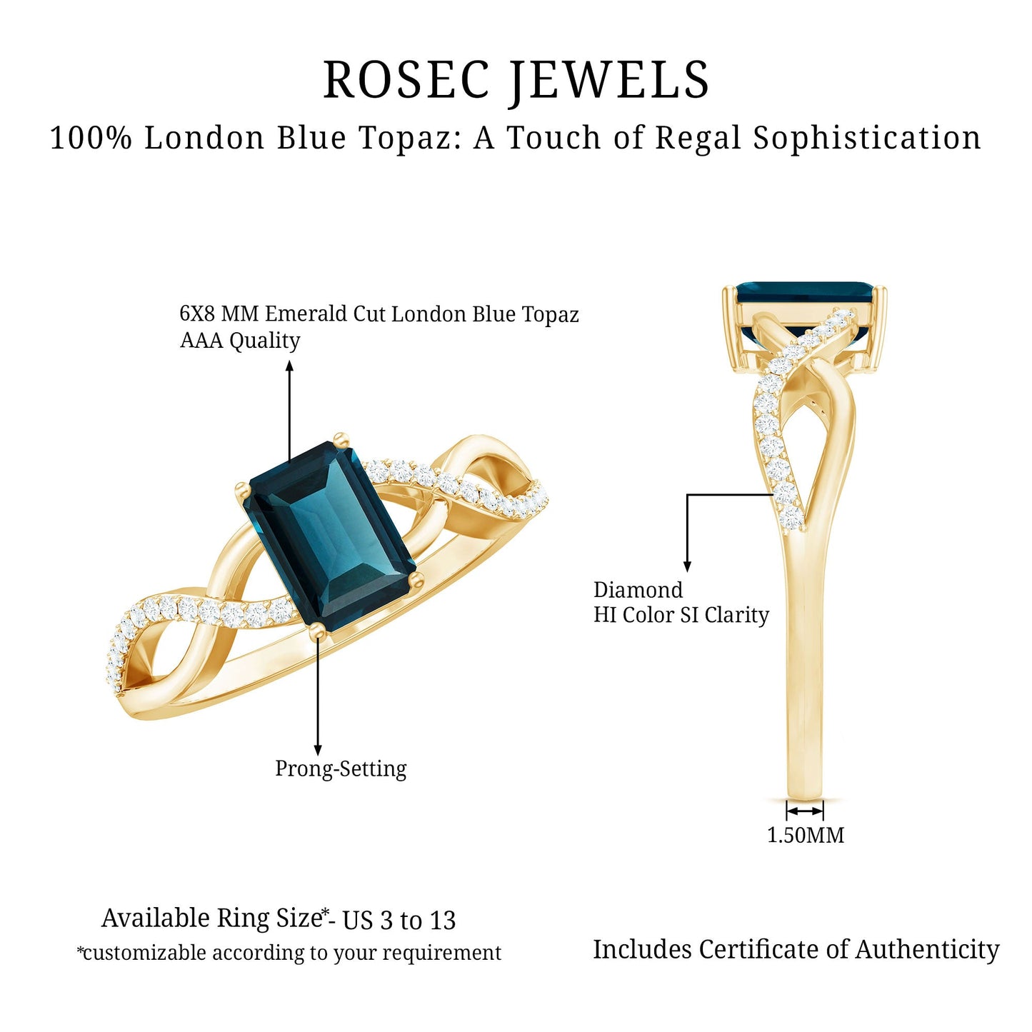 Solitaire Blue Topaz Emerald Cut Engagement Ring with Infinity Band