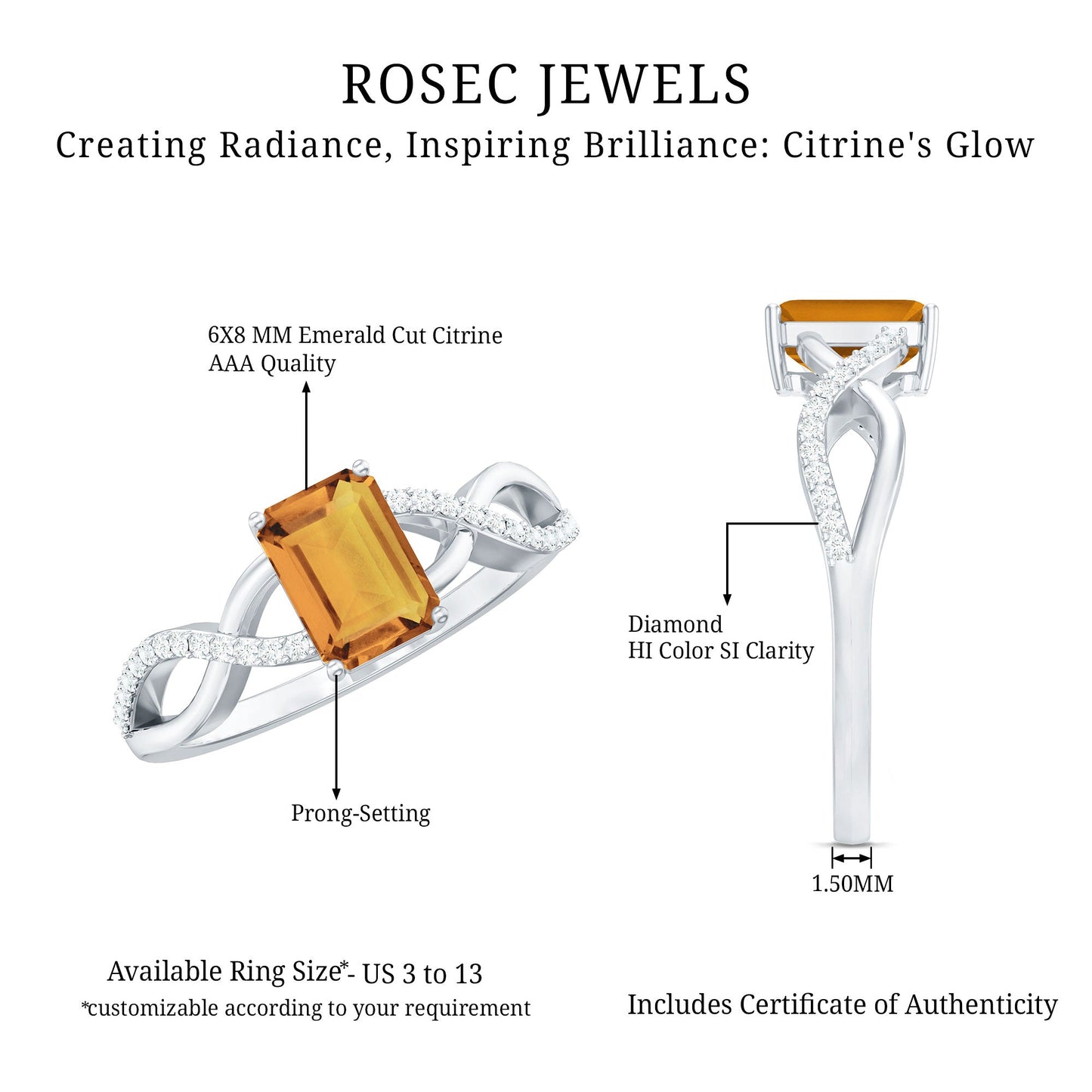 Real 1.8 Carat Citrine Emerald Cut Engagement Ring with Diamond Infinity Shank