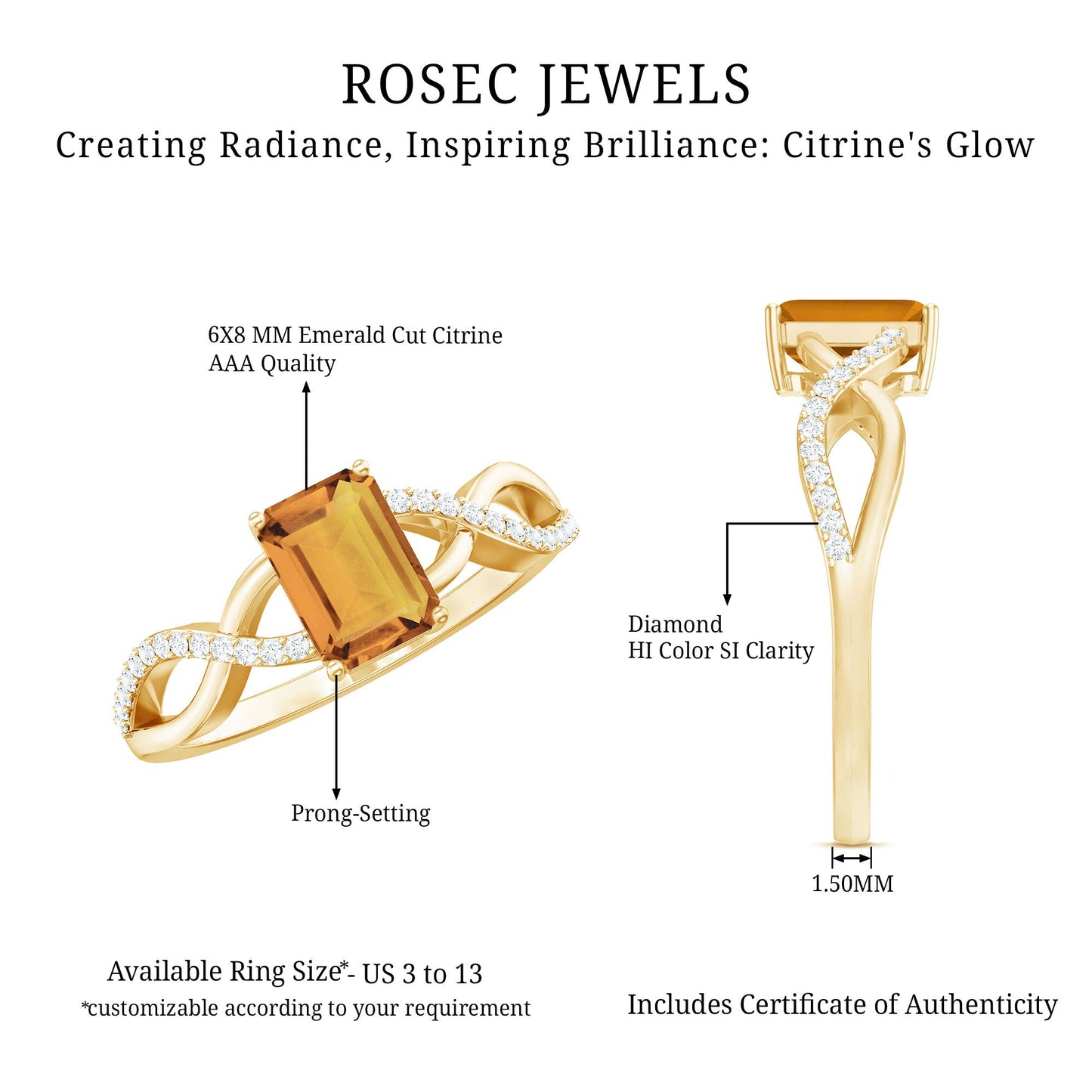 Real 1.8 Carat Citrine Emerald Cut Engagement Ring with Diamond Infinity Shank