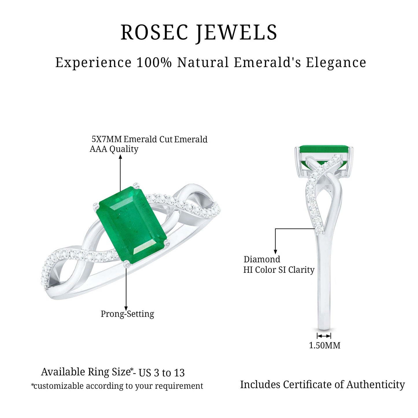 Real Emerald Cut Emerald Engagement Ring with Diamond Twisted Infinity Shank