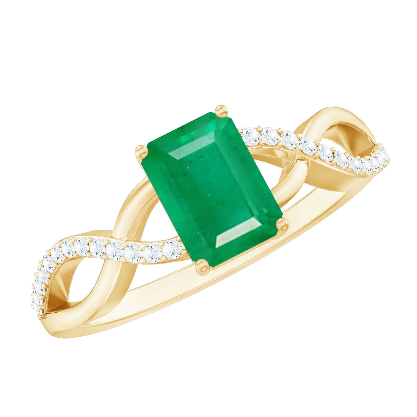 Real Emerald Cut Emerald Engagement Ring with Diamond Twisted Infinity Shank