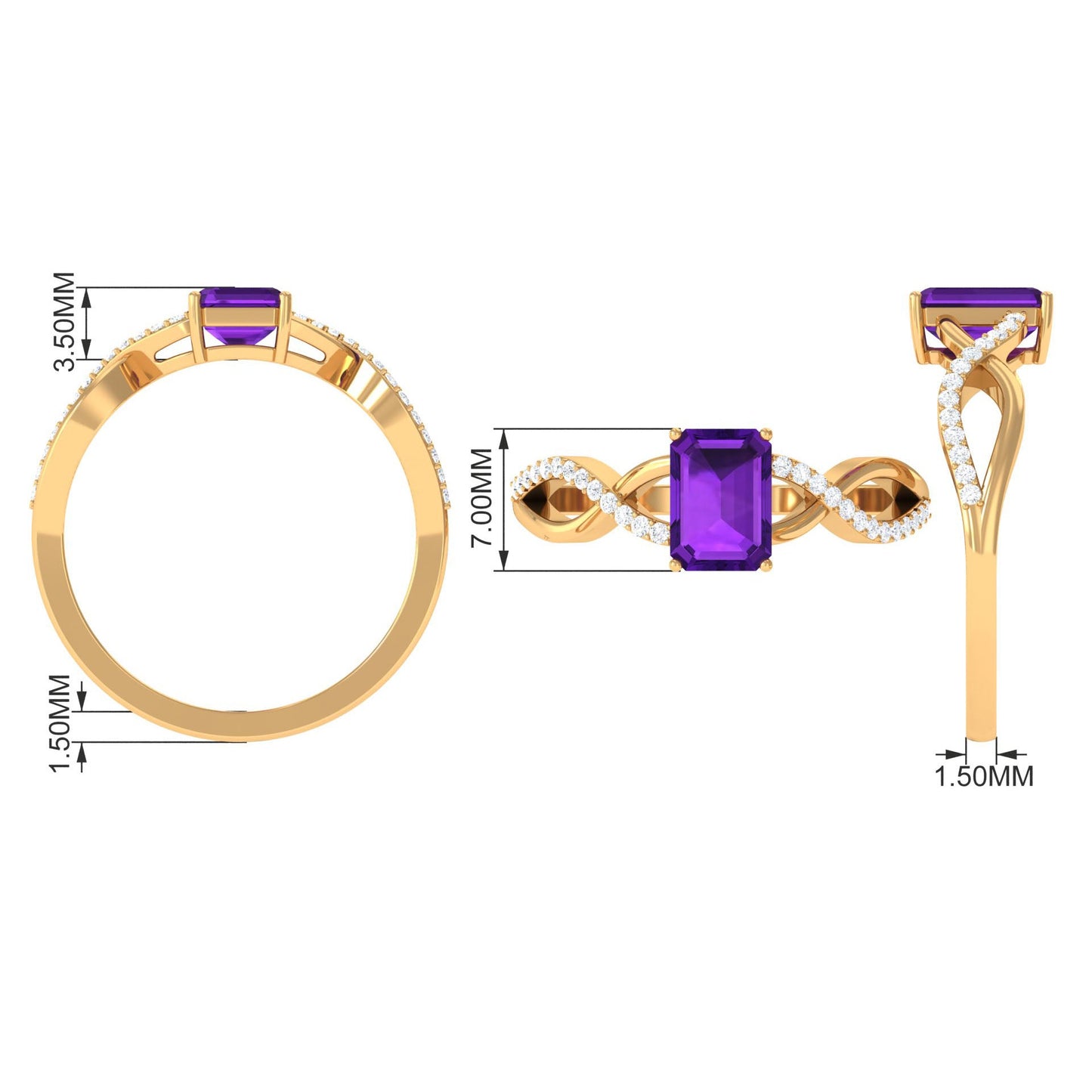 Real 1.4 Carat Amethyst Emerald Cut Engagement Ring with Diamond Infinity Shank