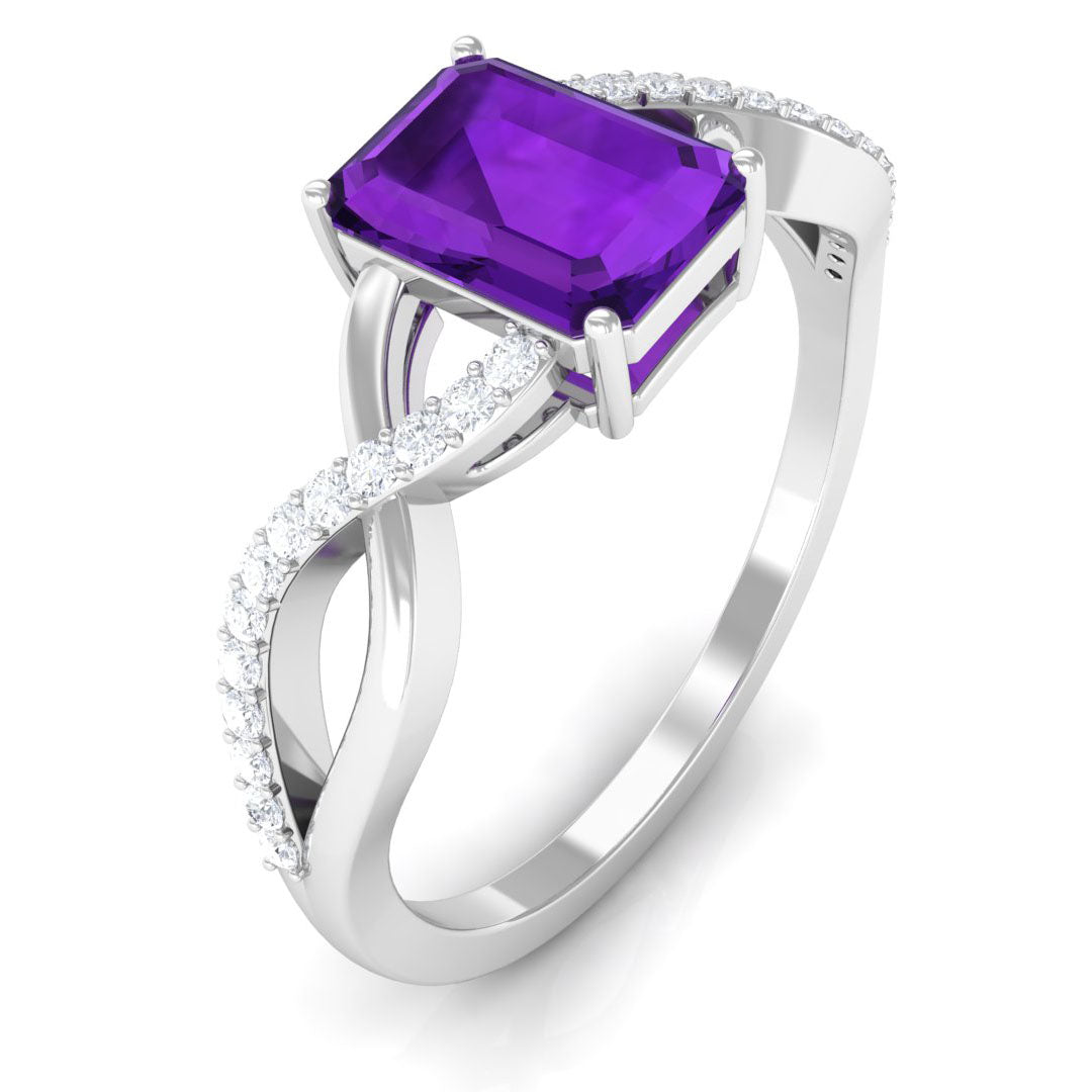 Real 1.4 Carat Amethyst Emerald Cut Engagement Ring with Diamond Infinity Shank