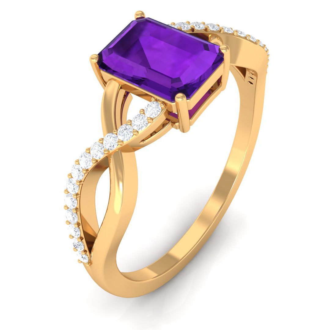 Real 1.4 Carat Amethyst Emerald Cut Engagement Ring with Diamond Infinity Shank