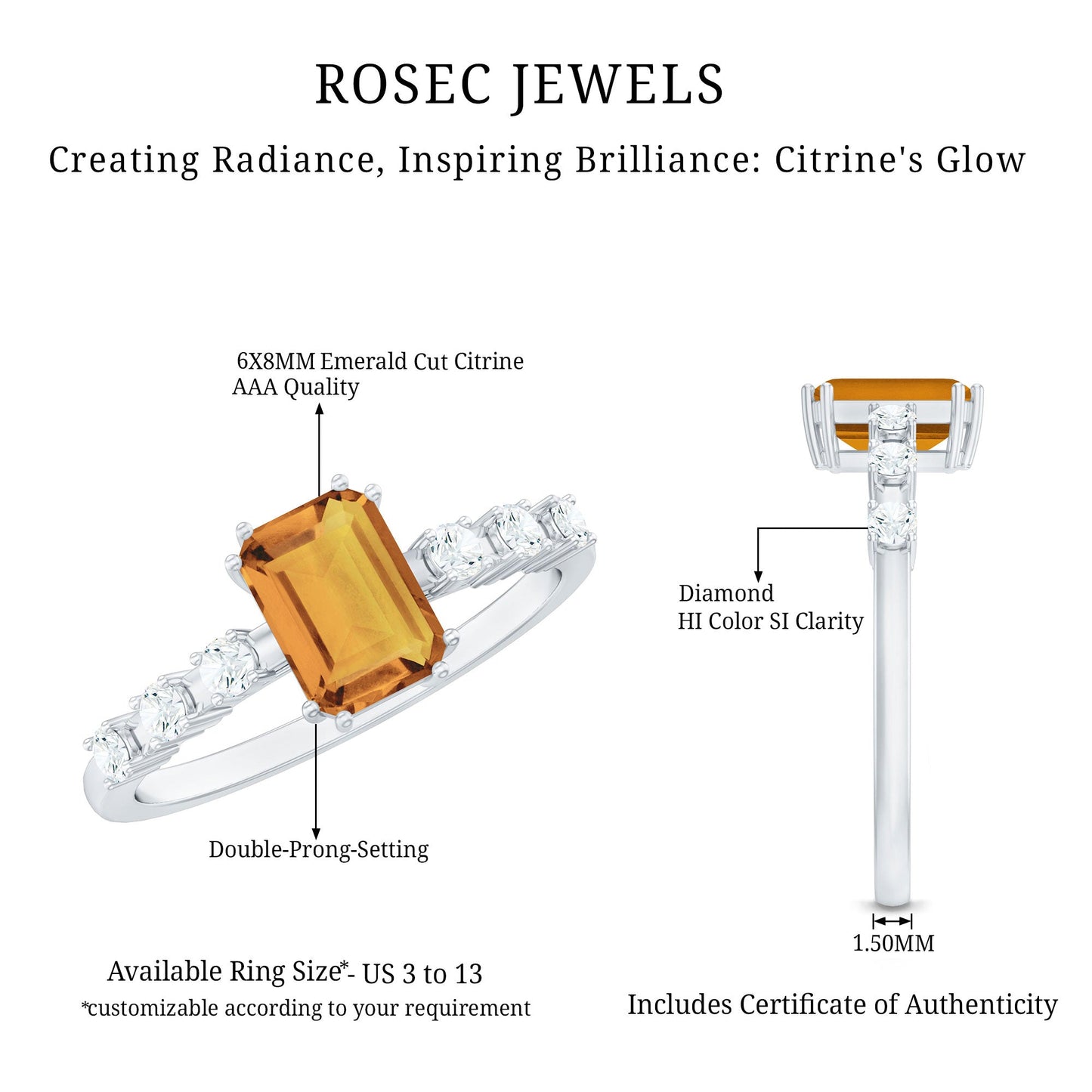 Natural Citrine Emerald Cut Engagement Ring with Diamond