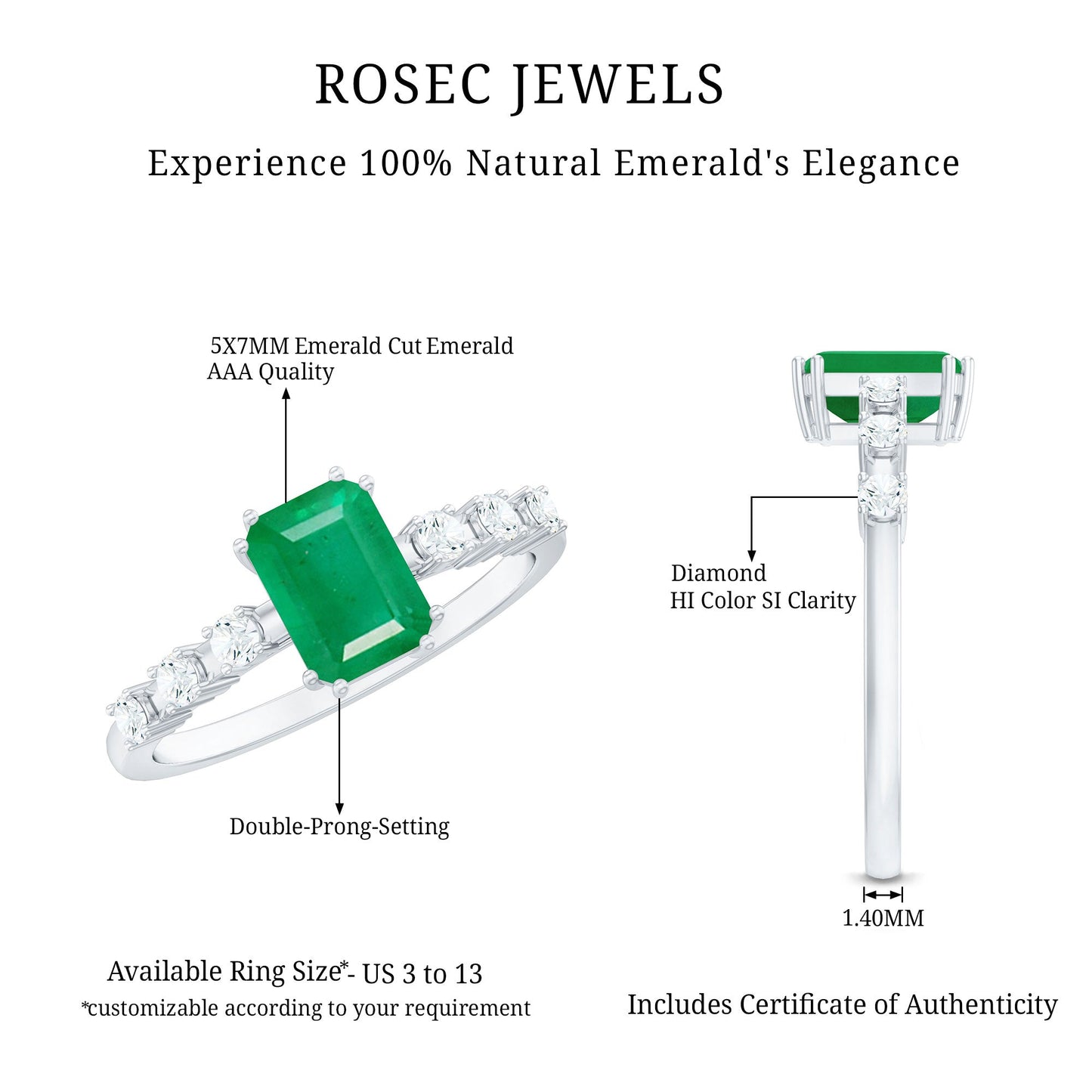 Natural Emerald Diamond Emerald Cut Engagement Ring