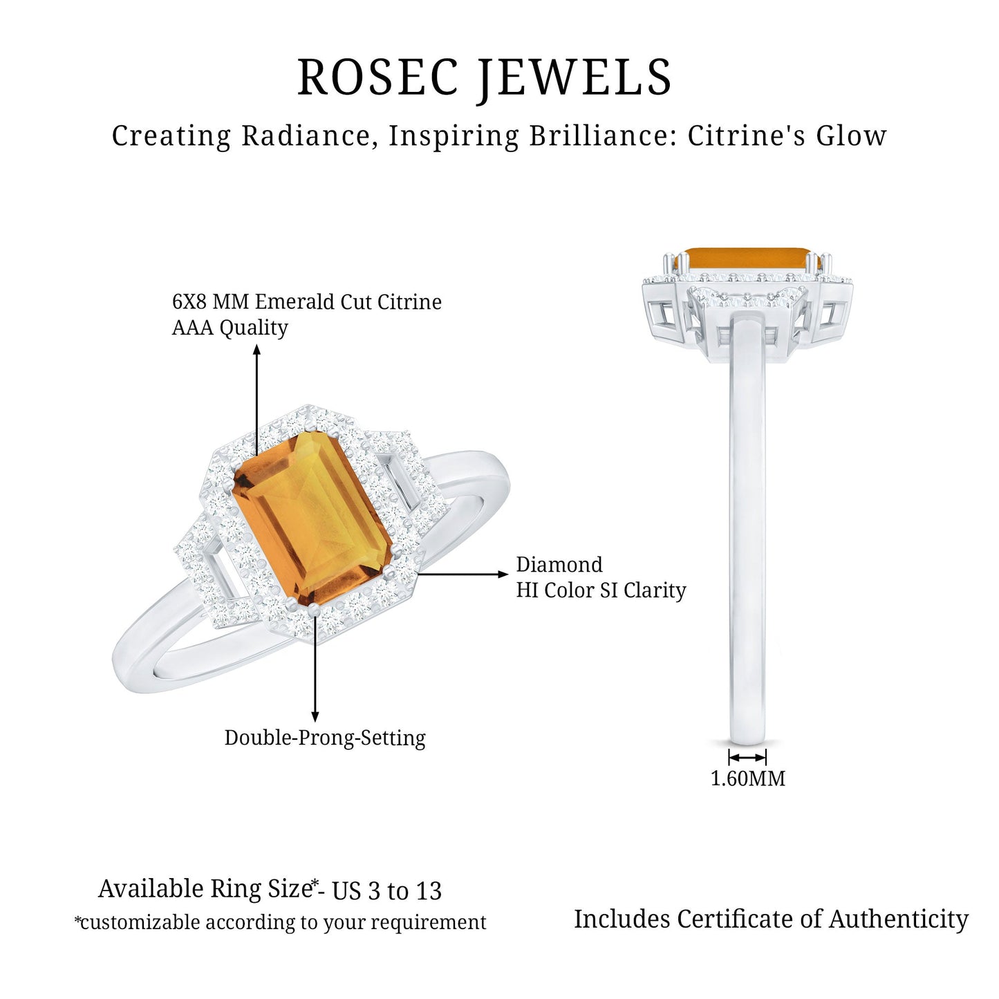 Genuine Citrine Emerald Cut Engagement Ring with Diamond Halo