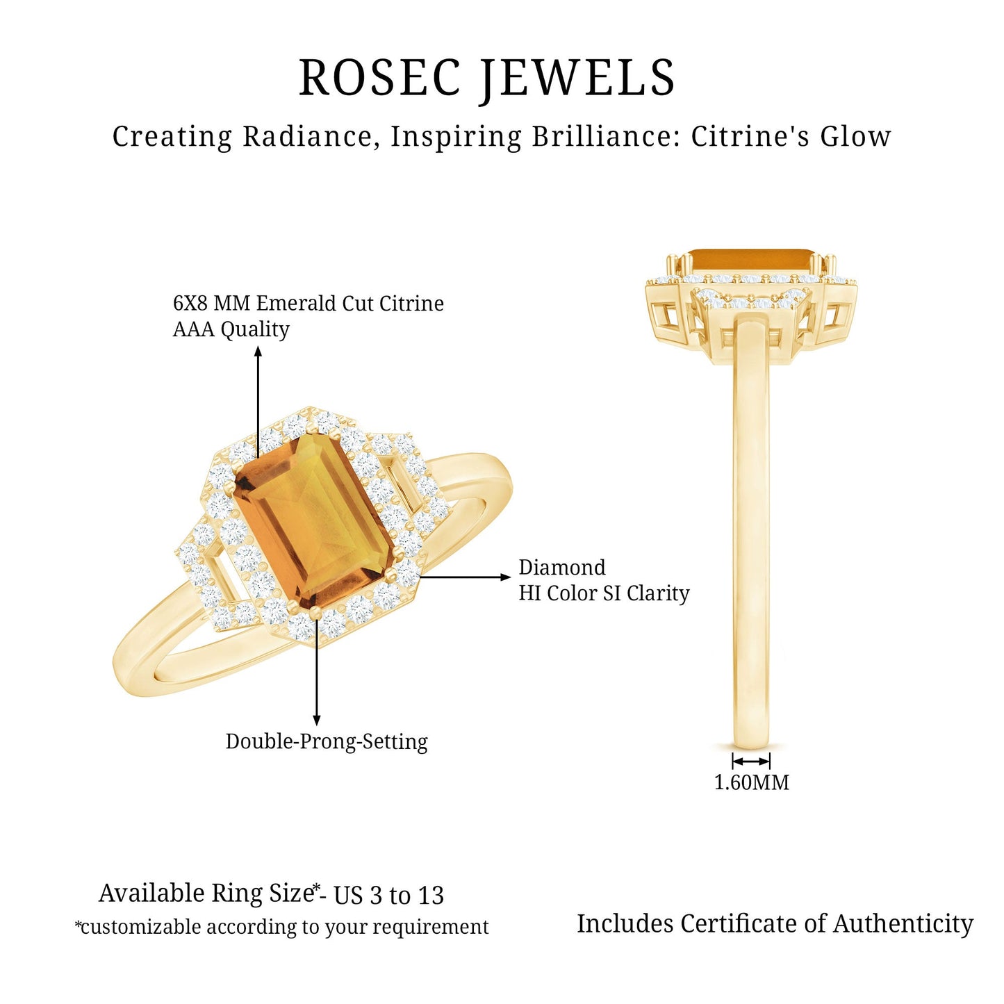 Genuine Citrine Emerald Cut Engagement Ring with Diamond Halo