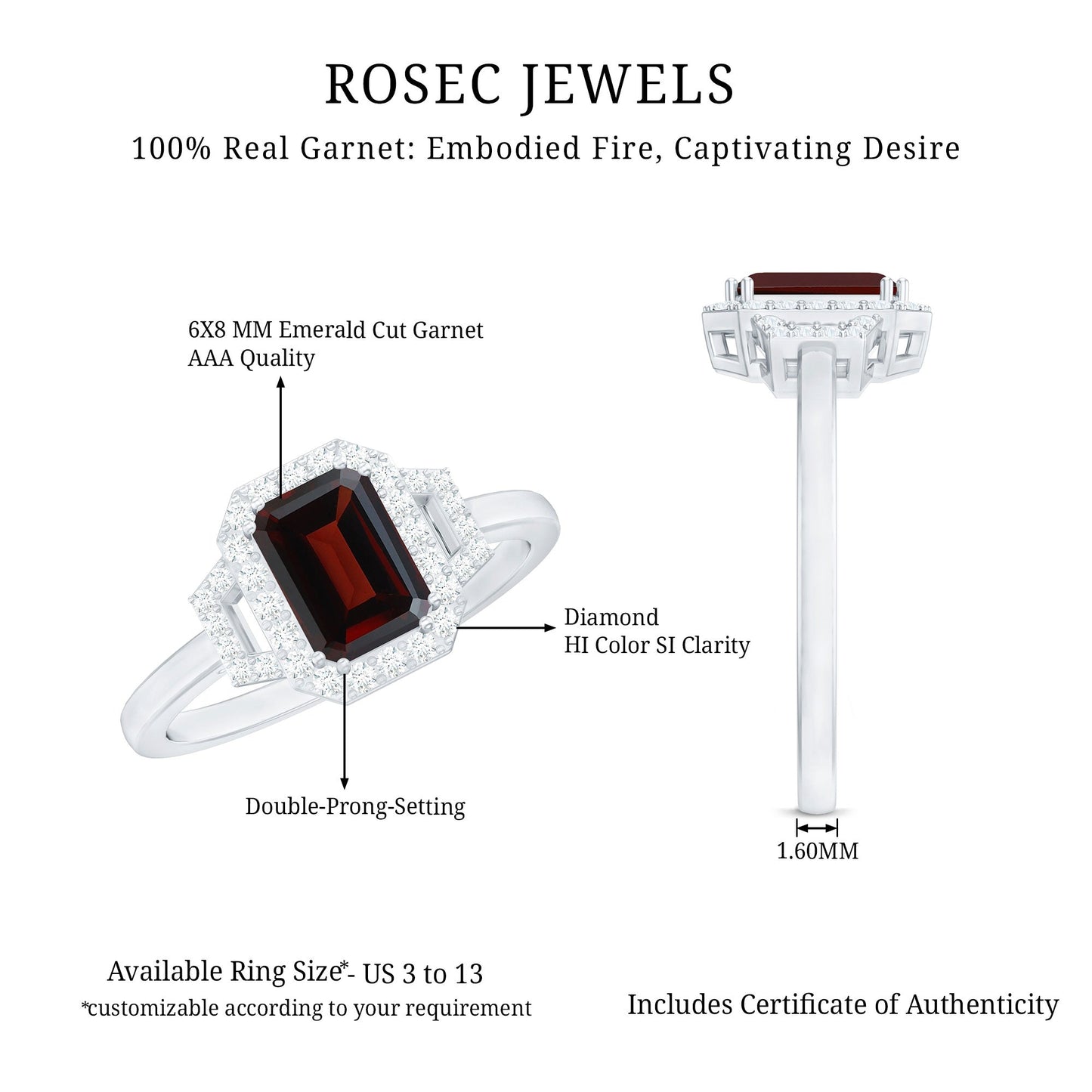 Real 2 Carat Garnet Emerald Cut Engagement Ring with Diamond Halo