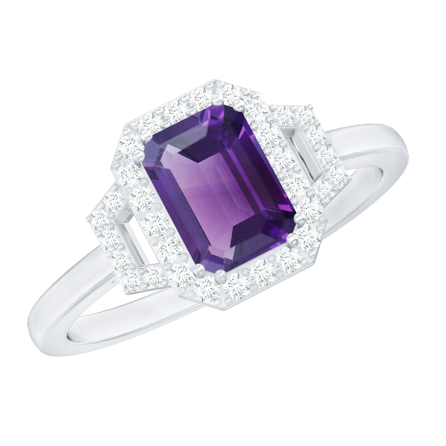 Real 1.4 Carat Amethyst Emerald Cut Engagement Ring with Diamond Halo