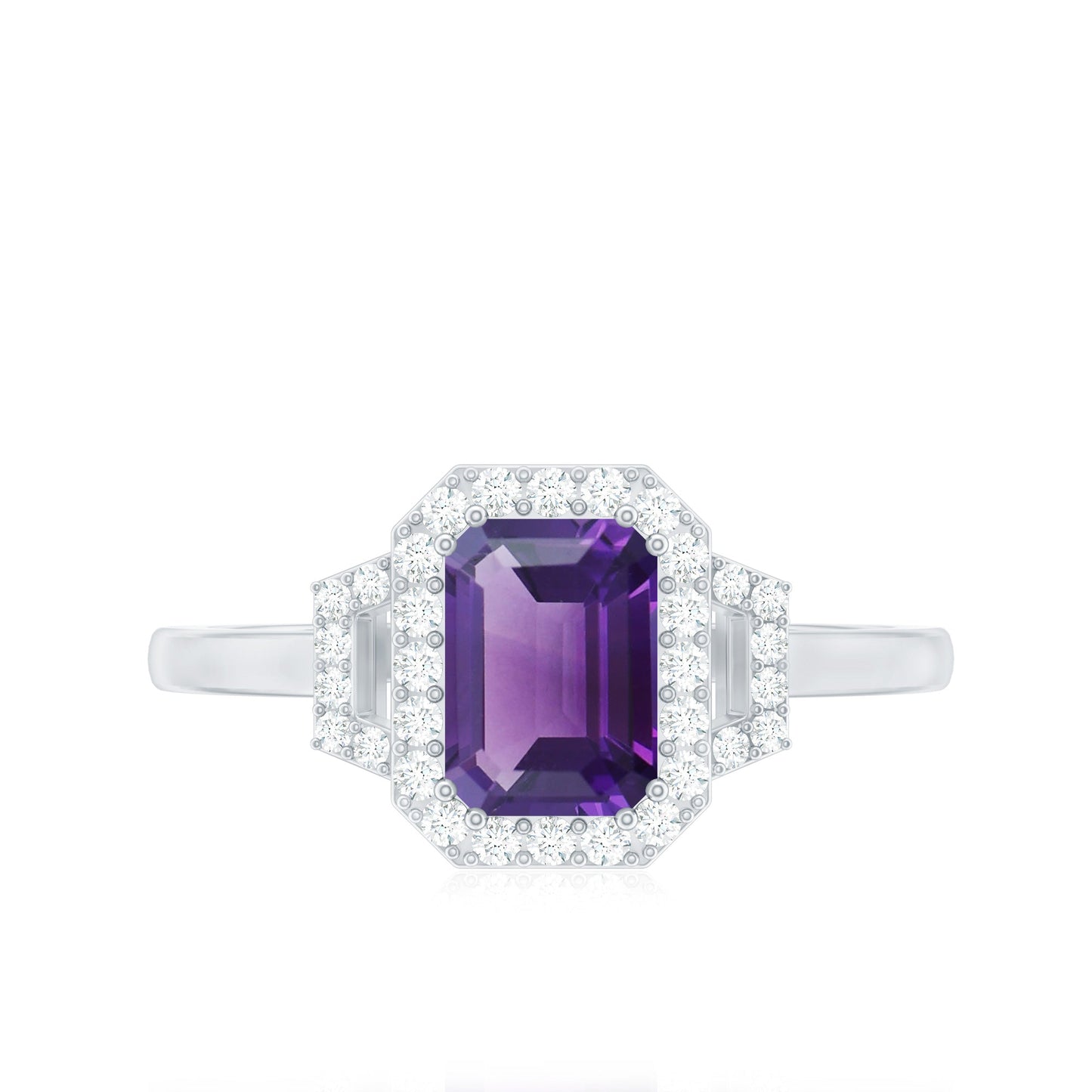 Real 1.4 Carat Amethyst Emerald Cut Engagement Ring with Diamond Halo