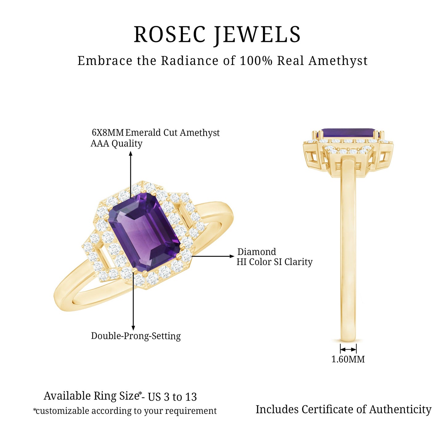 Real 1.4 Carat Amethyst Emerald Cut Engagement Ring with Diamond Halo