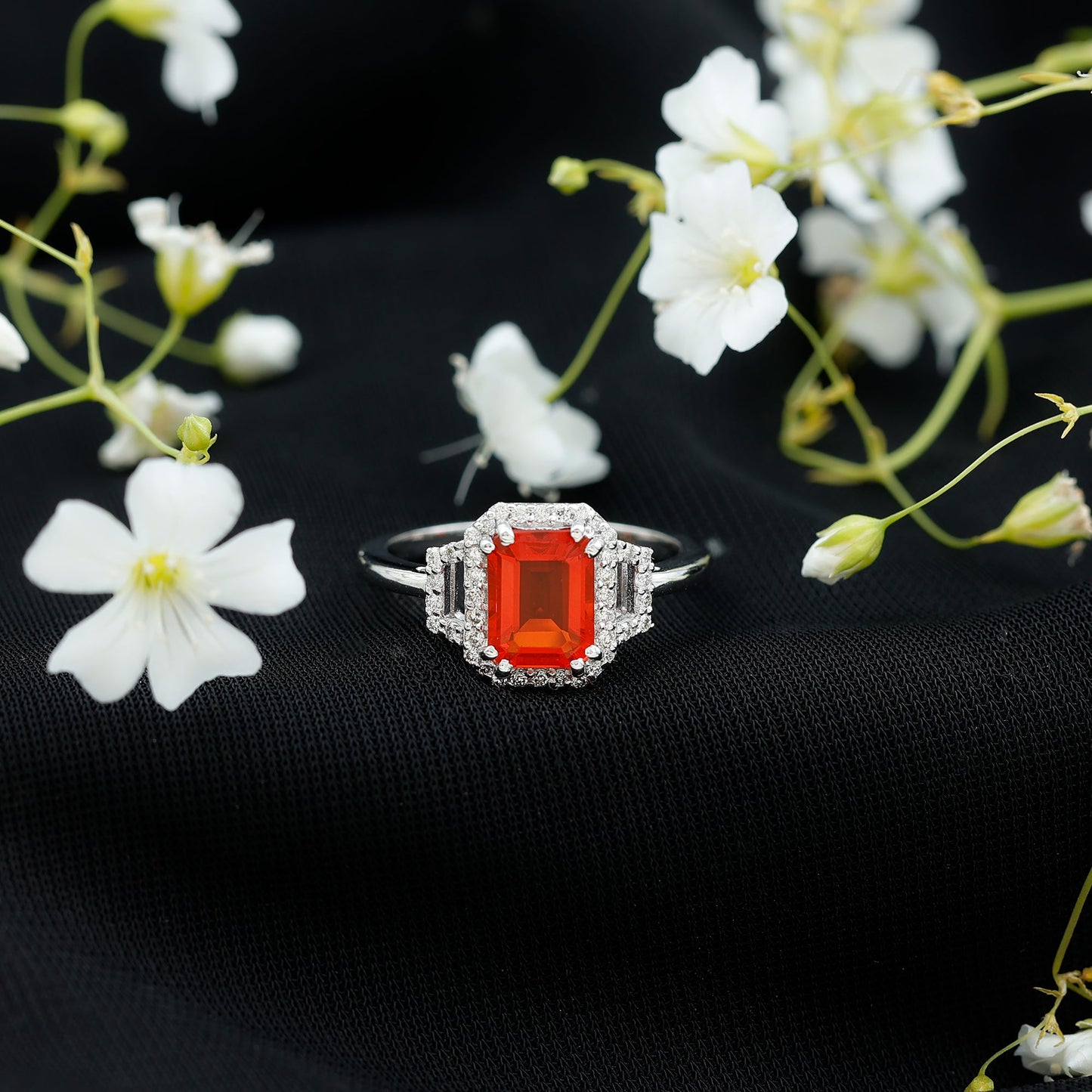 1 Carat Emerald Cut Fire Opal Engagement Ring with Diamond