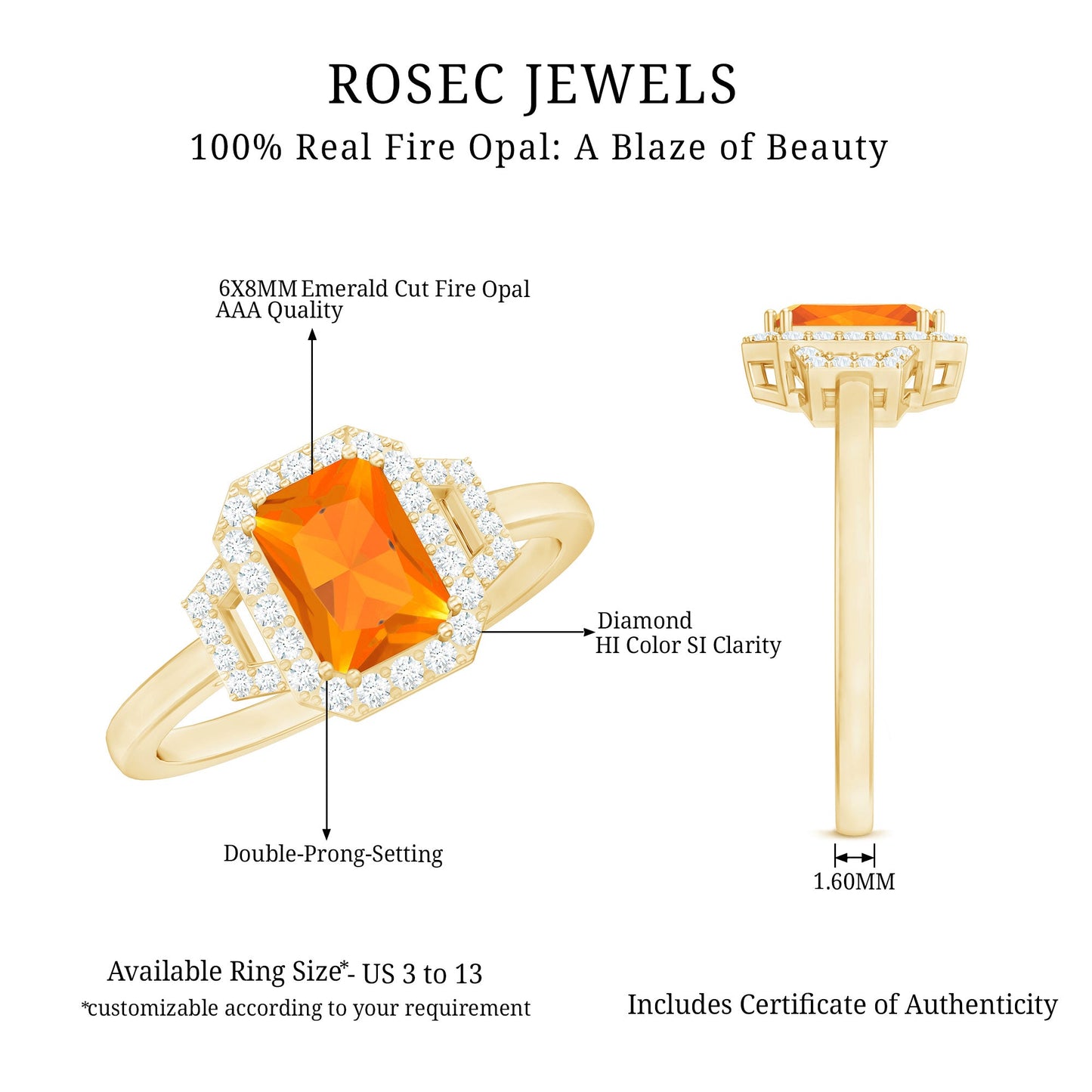 1 Carat Emerald Cut Fire Opal Engagement Ring with Diamond