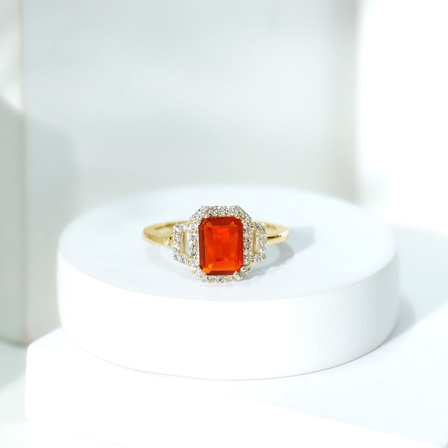 1 Carat Emerald Cut Fire Opal Engagement Ring with Diamond