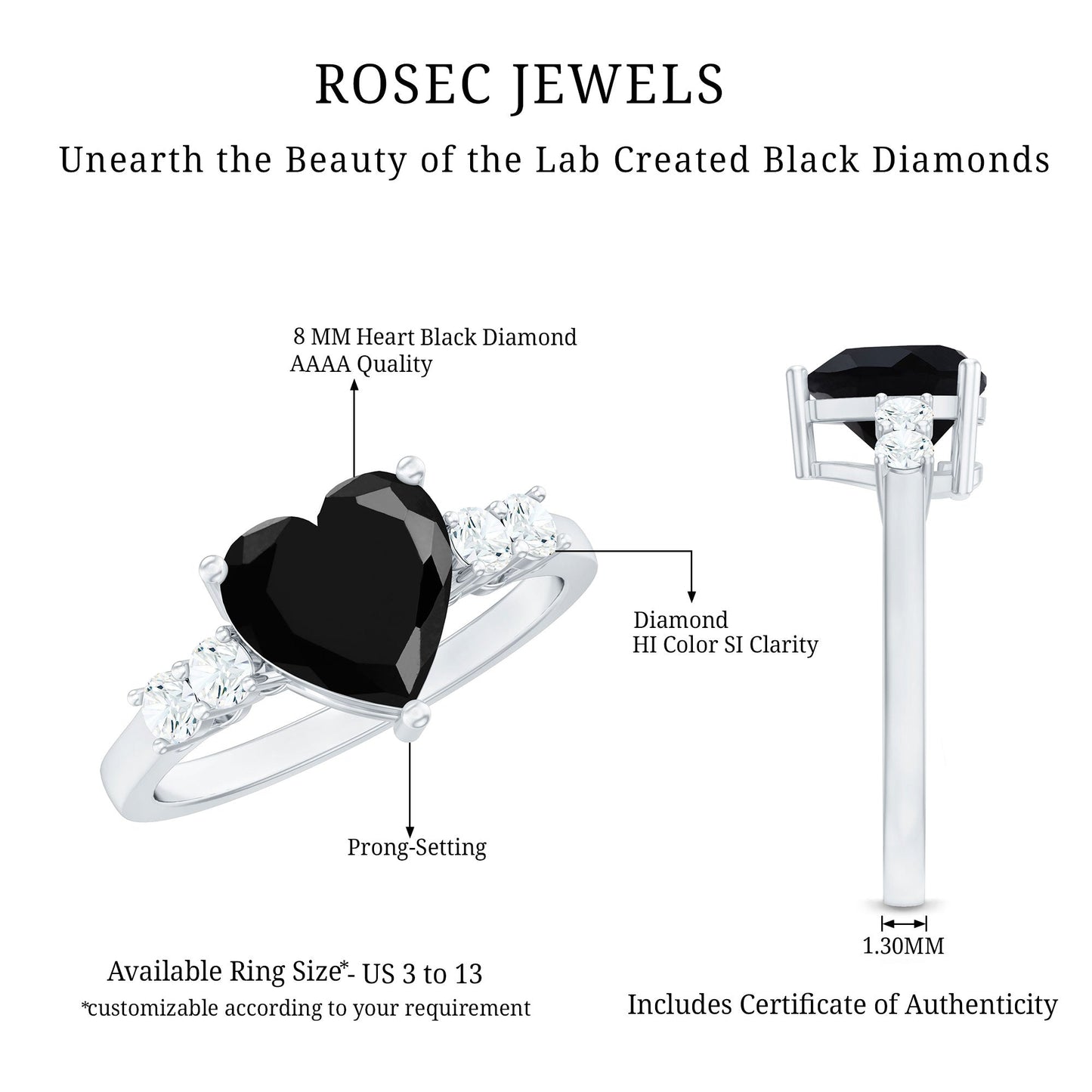 2.4 Carat Lab Grown Black Diamond Heart Engagement Ring with White Diamond