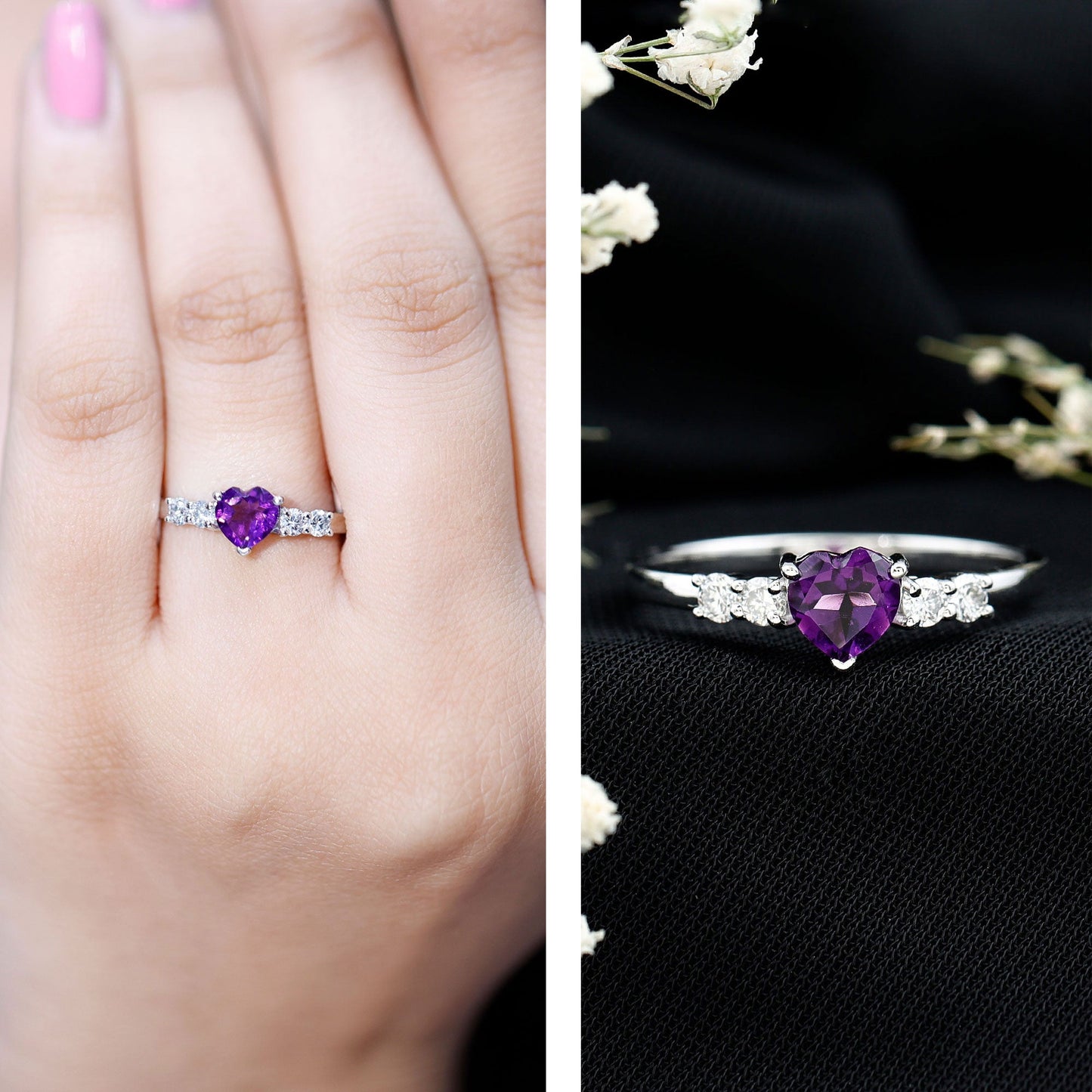 0.9 Carat Amethyst Heart Promise Ring with Diamonds