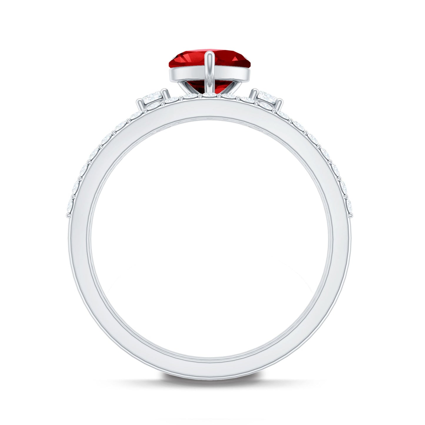 Heart Shape Created Ruby Ring Set with Diamond Enhancer