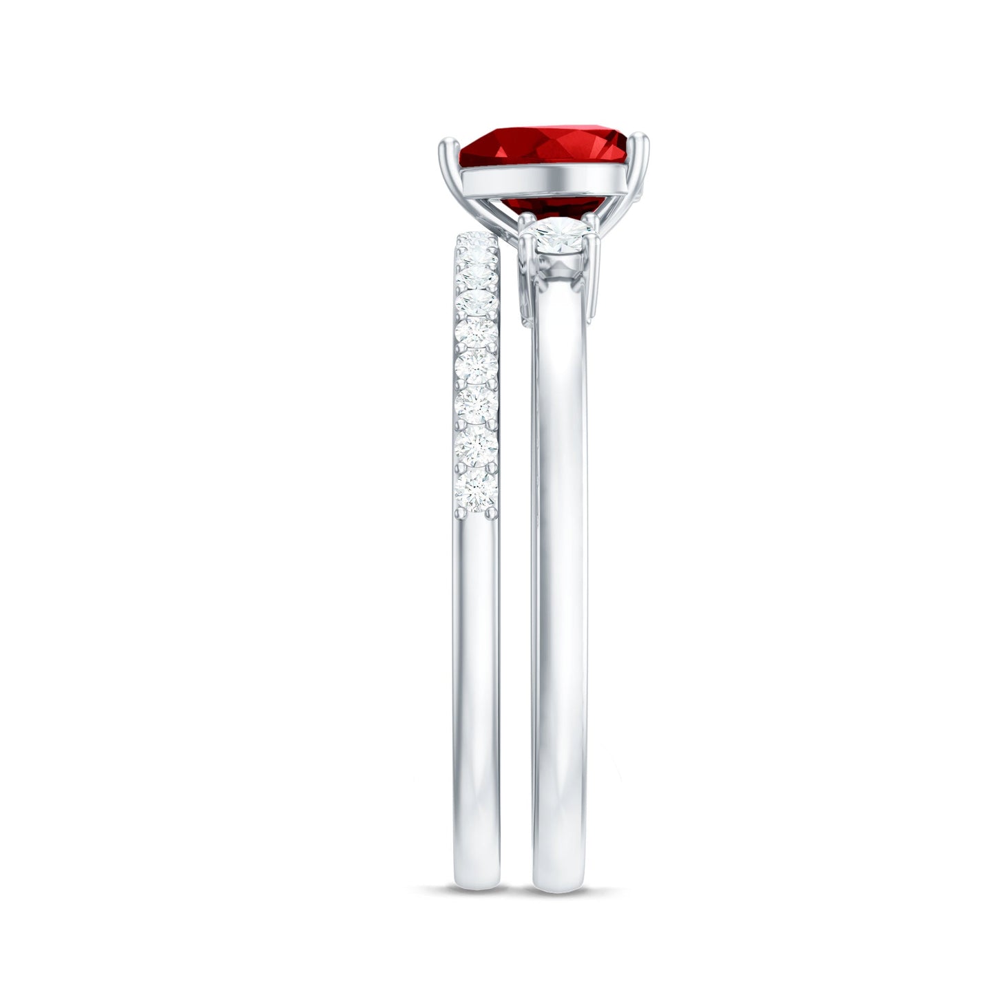 Heart Shape Created Ruby Ring Set with Diamond Enhancer