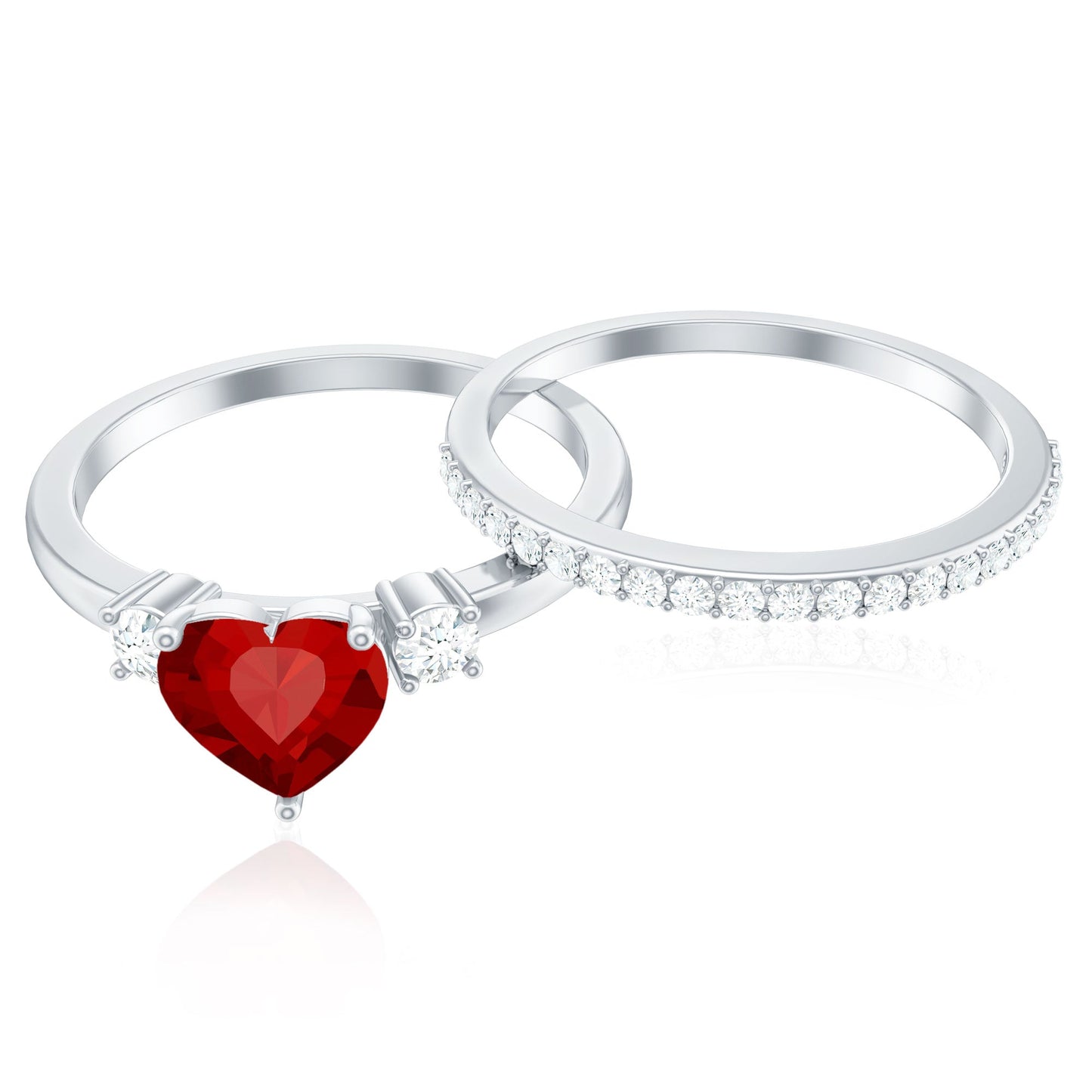 Heart Shape Created Ruby Ring Set with Diamond Enhancer