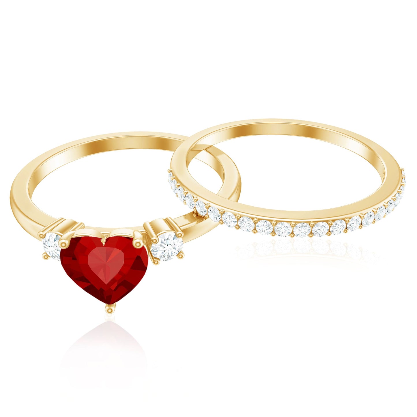 Heart Shape Created Ruby Ring Set with Diamond Enhancer