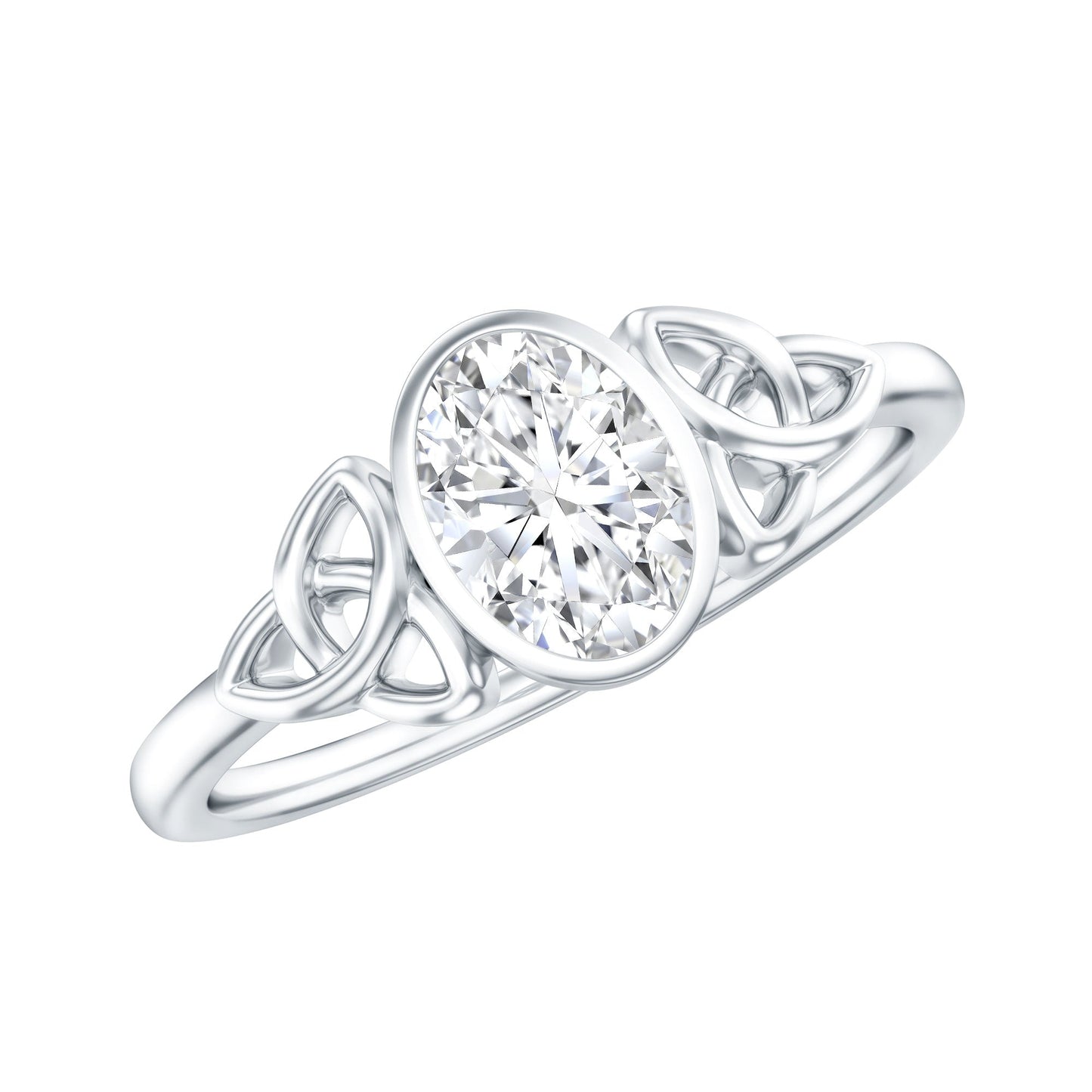 Oval Moissanite Solitaire Celtic Knot Ring in Bezel Setting