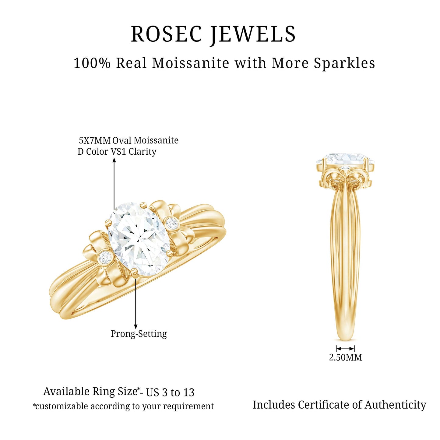Oval Cut Moissanite Solitaire Engagement Ring with Bow Design