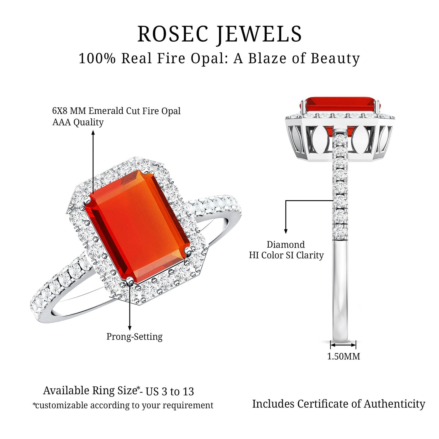 Emerald Cut Fire Opal Simple Engagement Ring with Diamond Halo