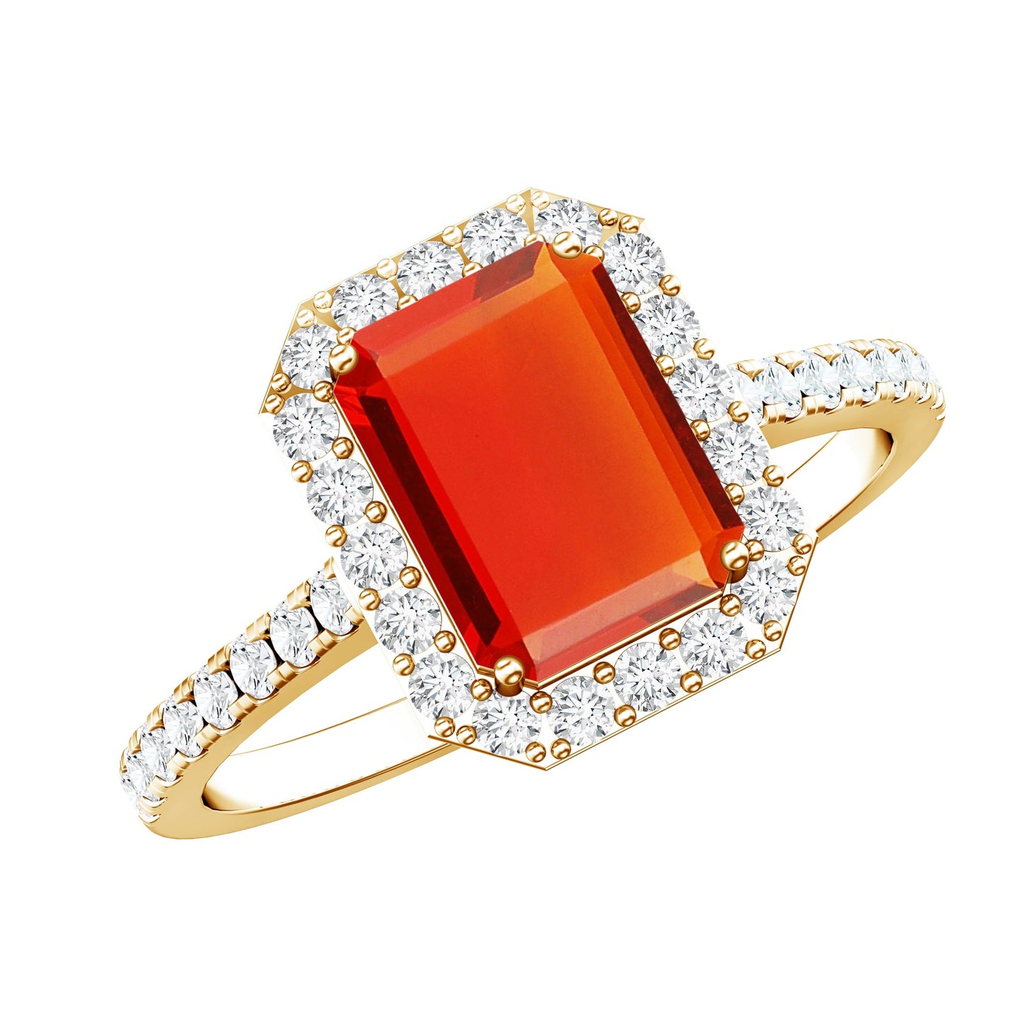 Emerald Cut Fire Opal Simple Engagement Ring with Diamond Halo