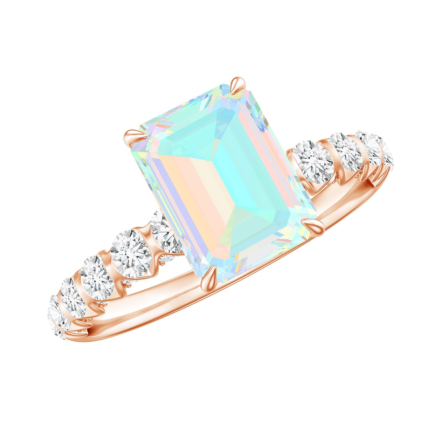 Genuine Ethiopian Opal Emerald Cut Engagement Ring with Diamond Side Stones