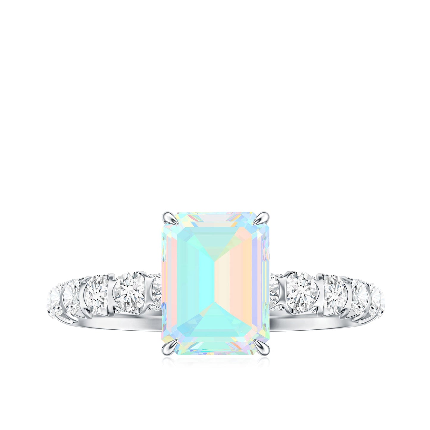 Genuine Ethiopian Opal Emerald Cut Engagement Ring with Diamond Side Stones