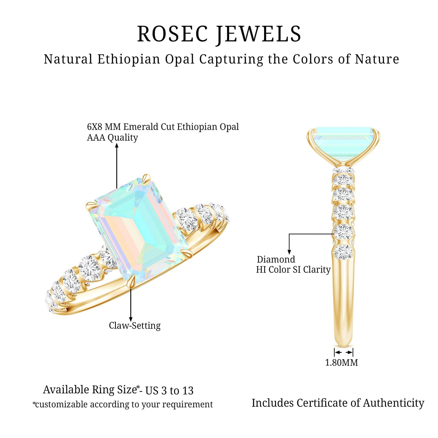 Genuine Ethiopian Opal Emerald Cut Engagement Ring with Diamond Side Stones
