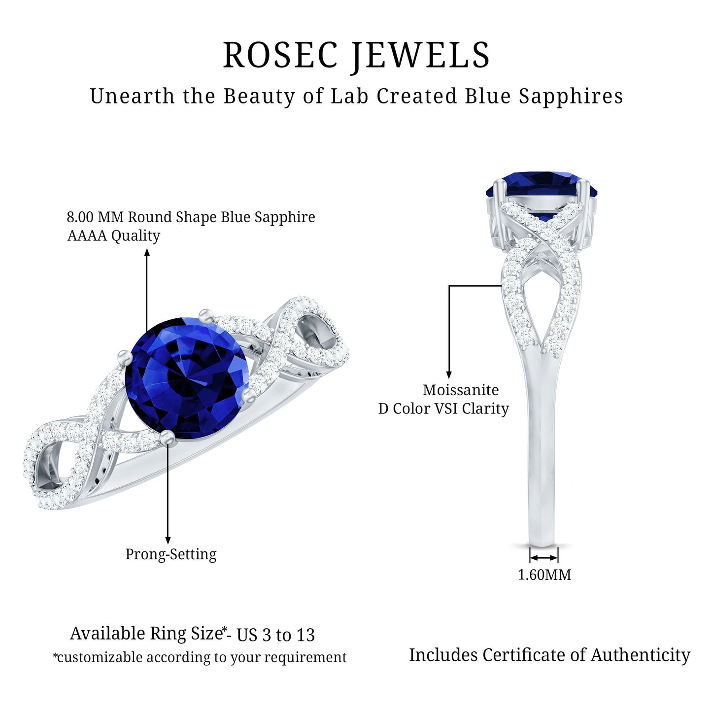 Certified Lab Grown Blue Sapphire Round Engagement Ring With Moissanite