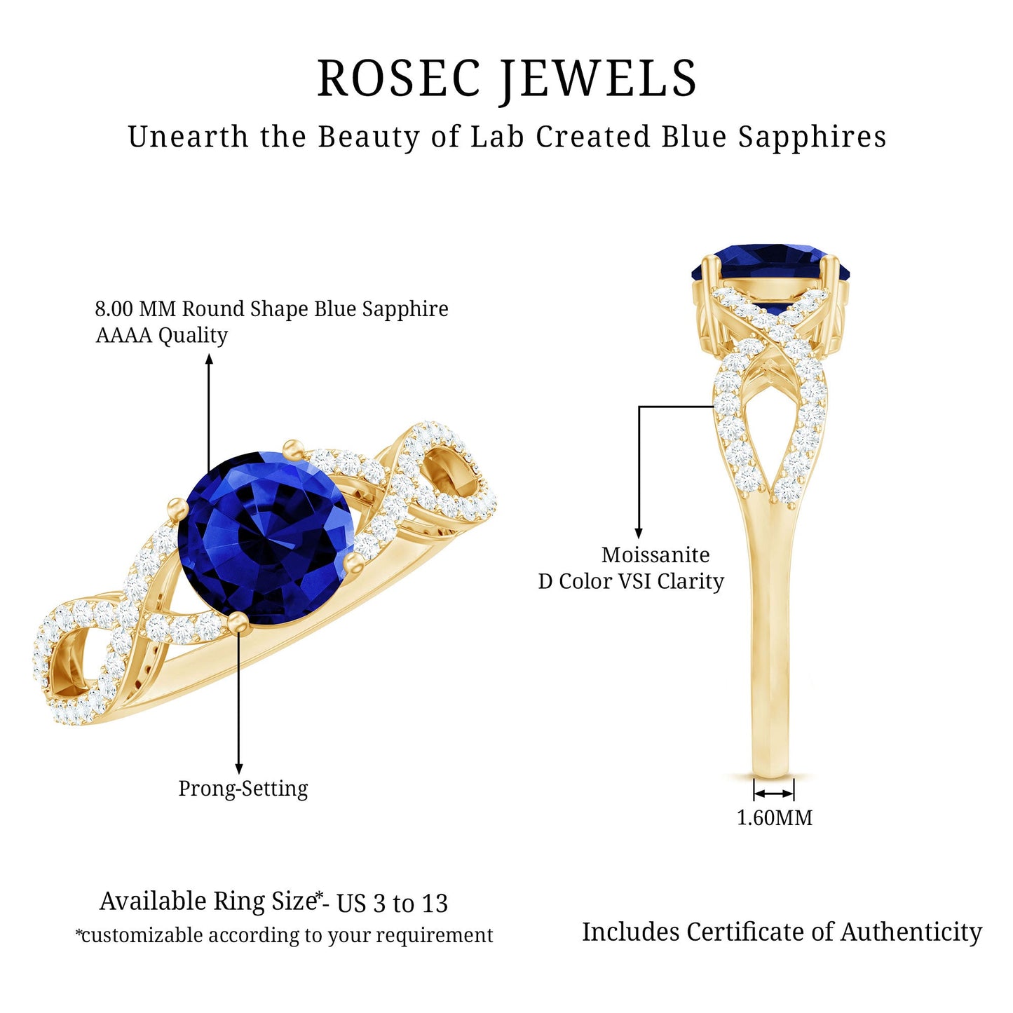 Certified Lab Grown Blue Sapphire Round Engagement Ring With Moissanite