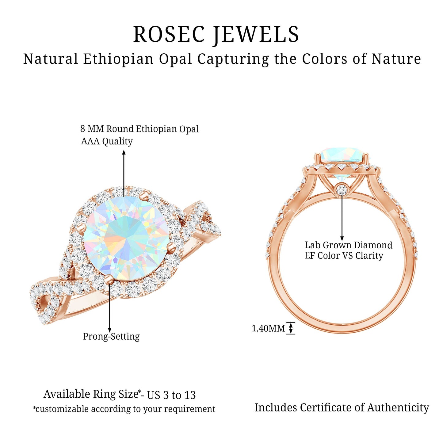 Real 2 Carat Ethiopian Opal Halo Engagement Ring with Crossover Shank