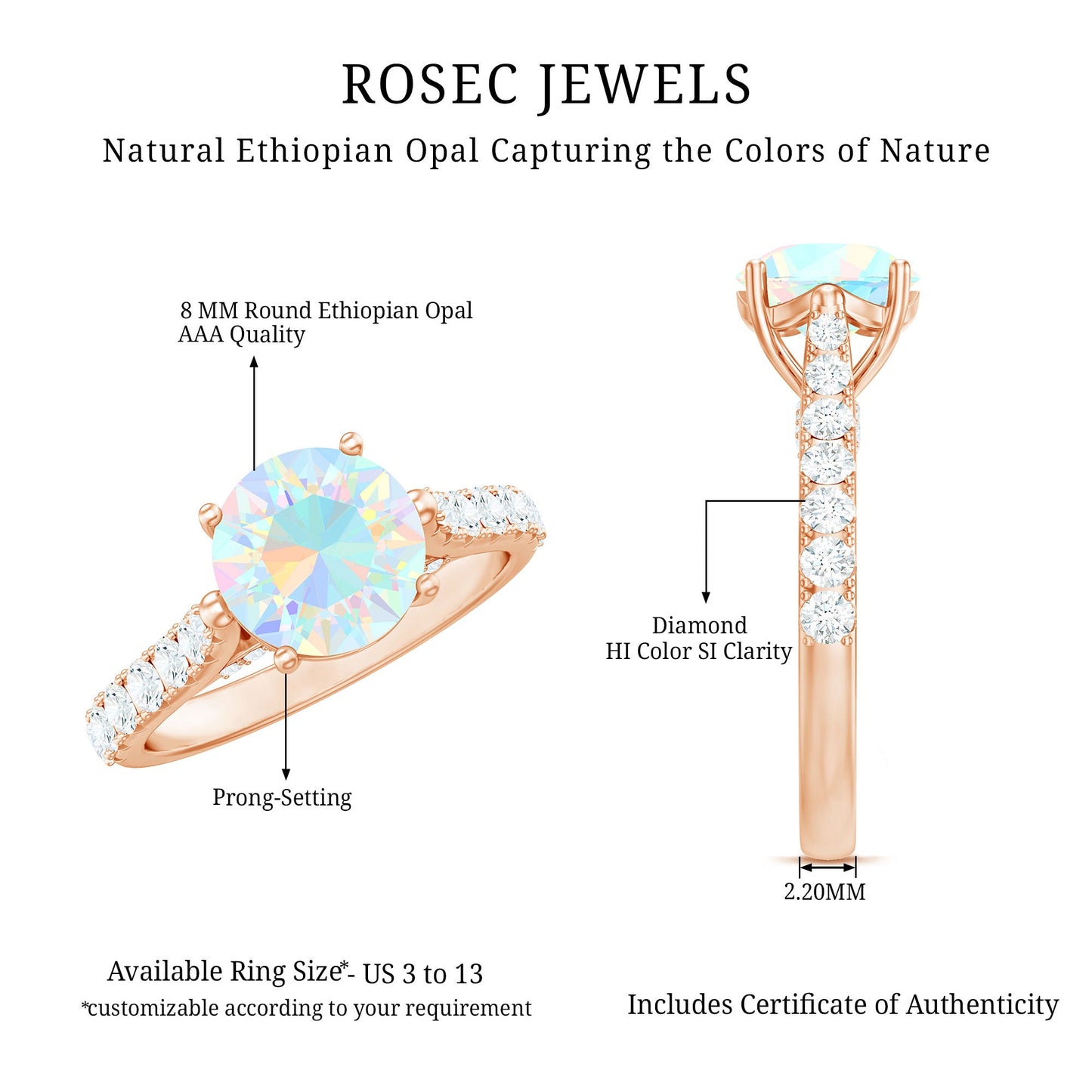 Natural 2 Carat Ethiopian Opal Diamond Engagement Ring with Side Stones