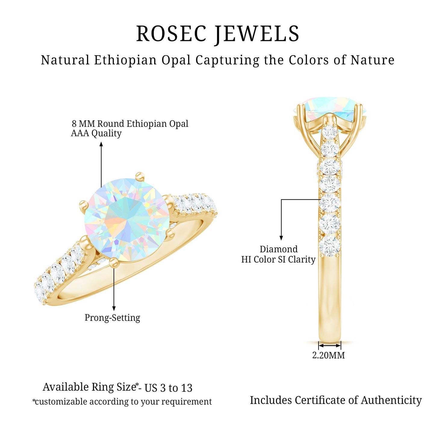 Natural 2 Carat Ethiopian Opal Diamond Engagement Ring with Side Stones
