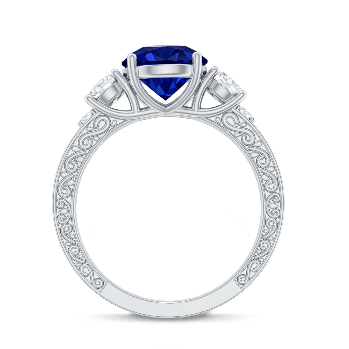 Round Created Blue Sapphire and Moissanite Art Deco Engagement Ring in Gold