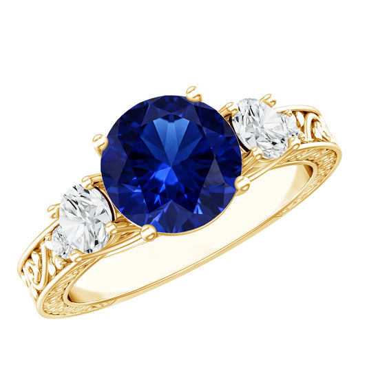 Round Created Blue Sapphire and Moissanite Art Deco Engagement Ring in Gold