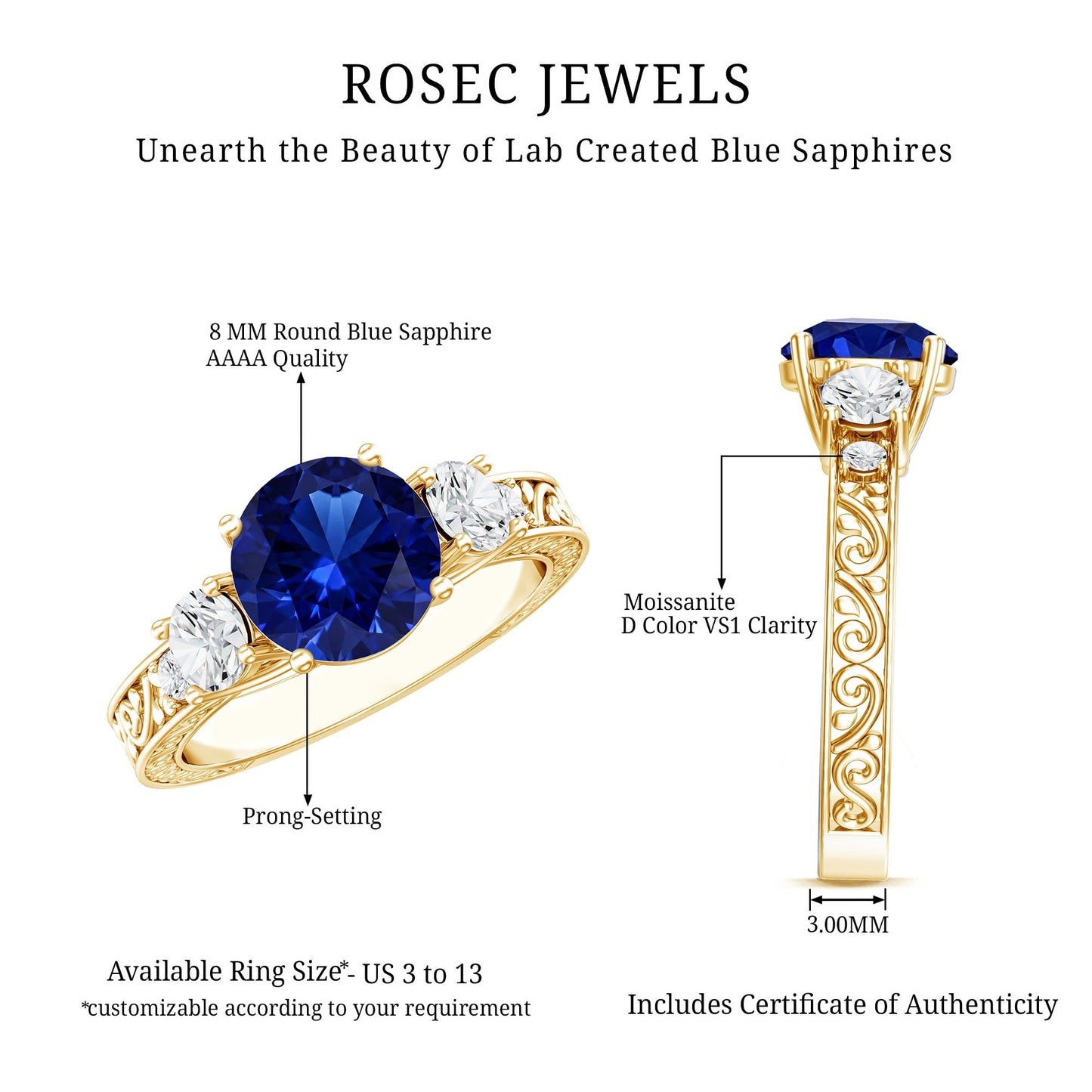 Round Created Blue Sapphire and Moissanite Art Deco Engagement Ring in Gold